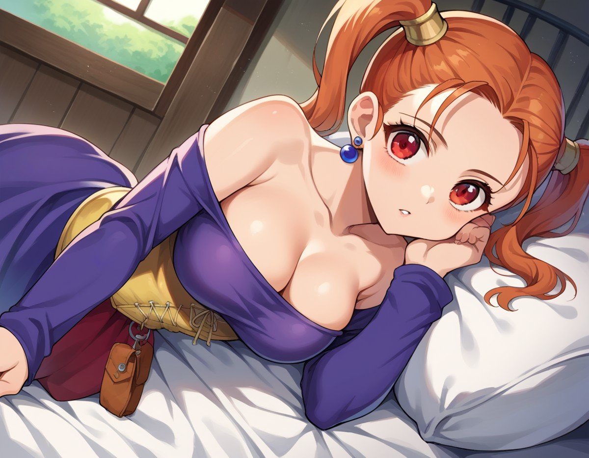 score_9, score_8_up, score_7_up, source_anime,jessicaalbert, <lora:jessica-albert-ponyxl-lora-nochekaiser:1>,jessica albert, orange hair, red eyes, twintails,bare shoulders, cleavage, dress, earrings, jewelry, off shoulder, off-shoulder dress, purple shirt, shirt, strapless, strapless dress, corset,indoors, bed, bed room, on side,looking at viewer, dutch angle, cowboy shot,