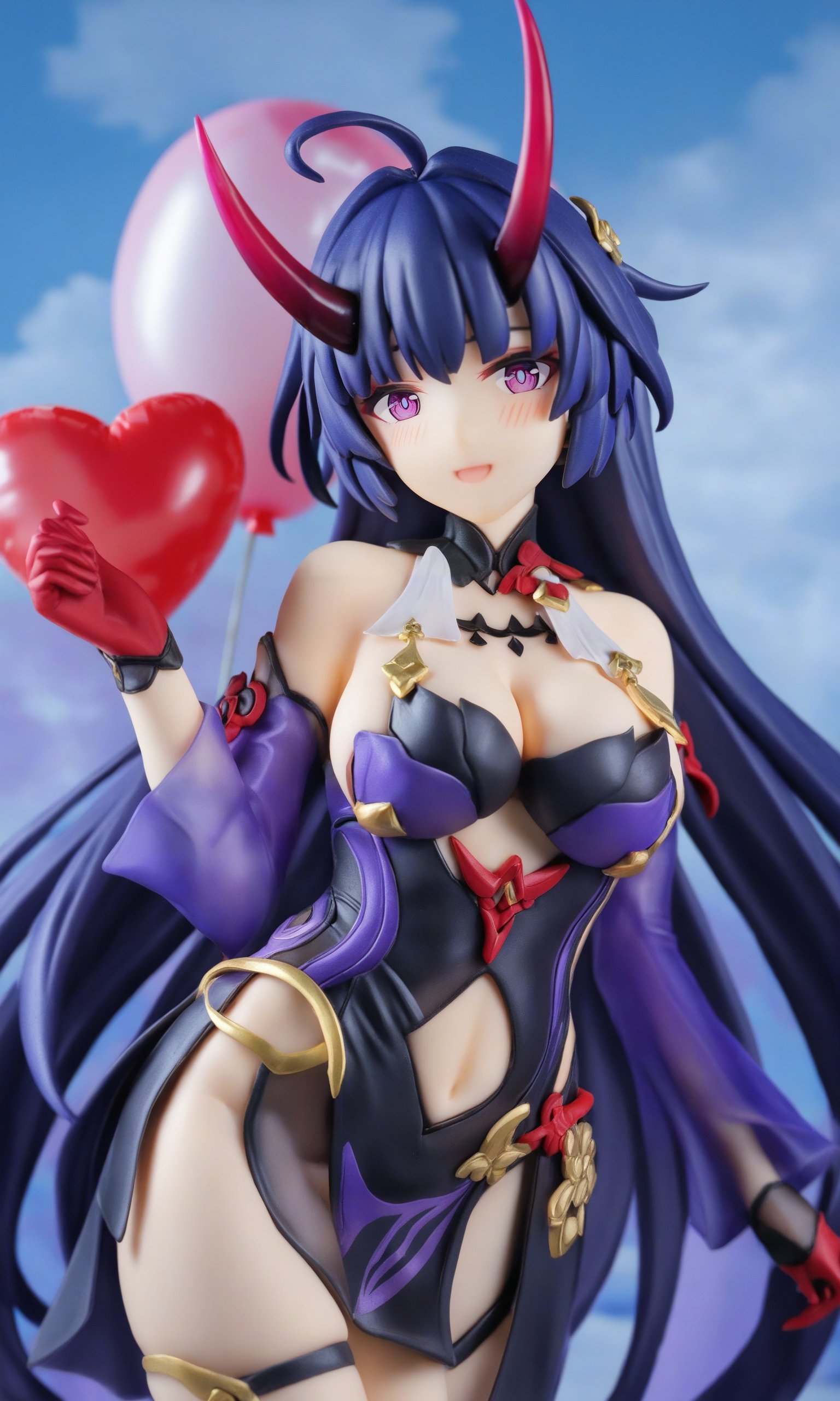 figure,masterpiece,best quality,<lora:honkai_impact_all:1>,1girl,raiden mei,raiden mei \(herrscher of thunder\),blush,smile,cleavage,navel cutout,bag,absurdres,balloon,bare shoulders,black gloves,butterfly,chinese commentary,closed mouth,cloudy sky,commentary,highres,honkai \(series\),honkai impact 3rd,long sleeves,looking at viewer,open mouth,