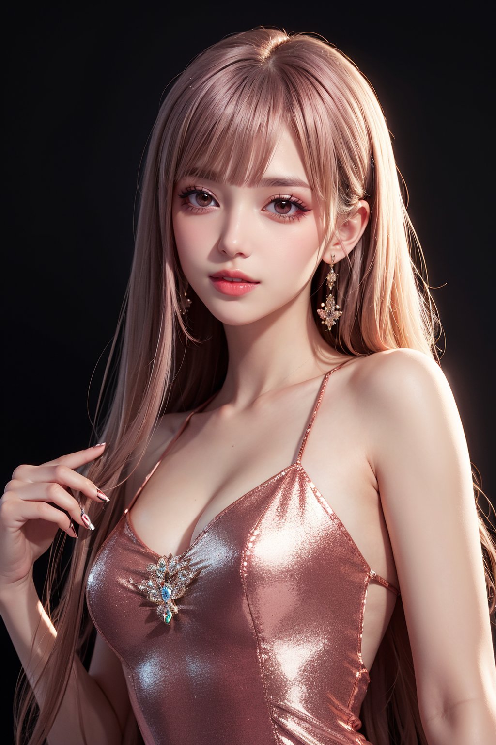 (Light makeup) peerless beauty, pink long hair, metallic dress, shiny, shiny, dreamy, gorgeous dress, detailed facial features, real texture, black background