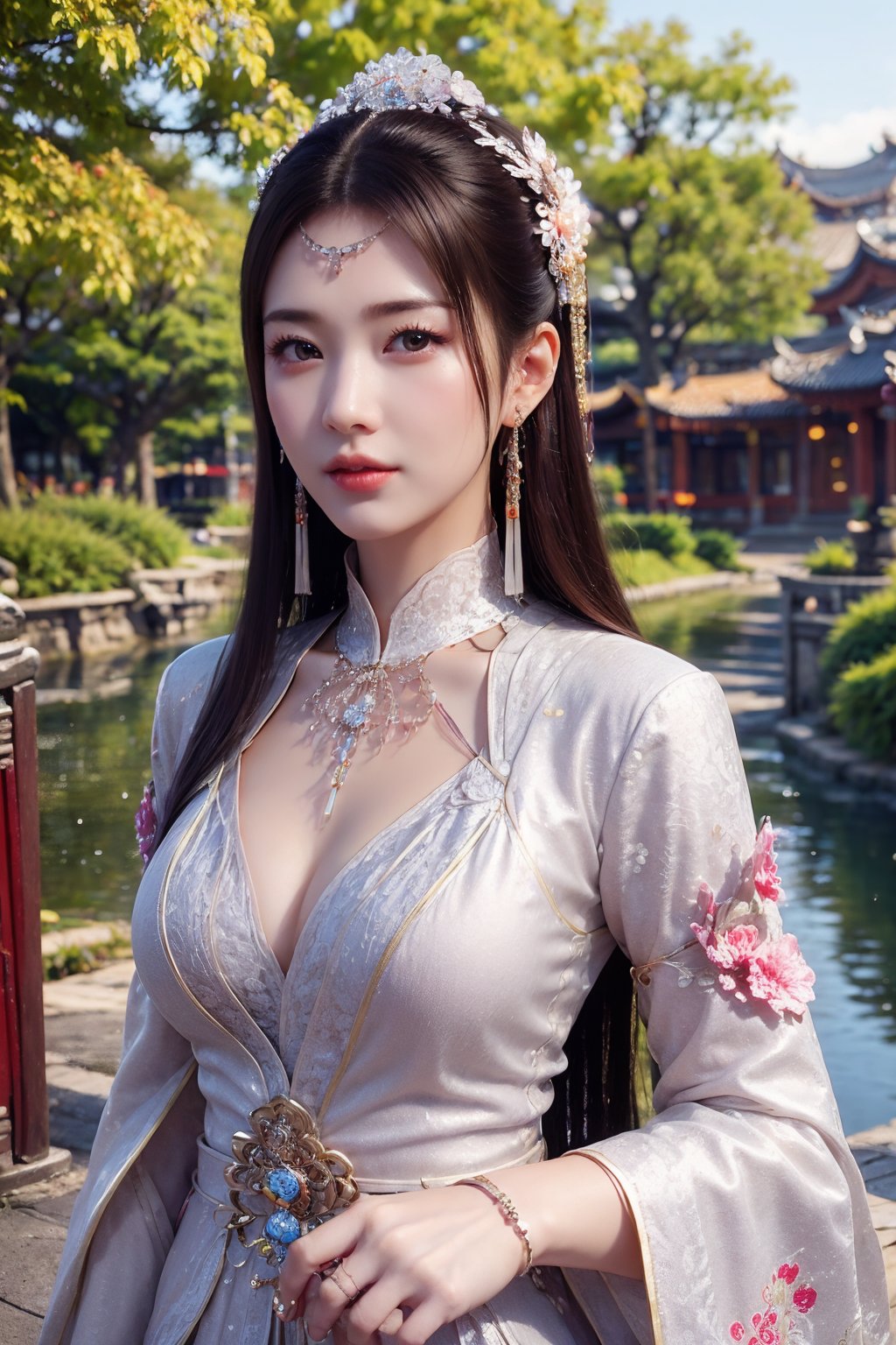 CAFC,1girl,solo,long hair,earrings,jewelry,hair accessories,upper body,suburban scenery,east asian,chinese style architecture,