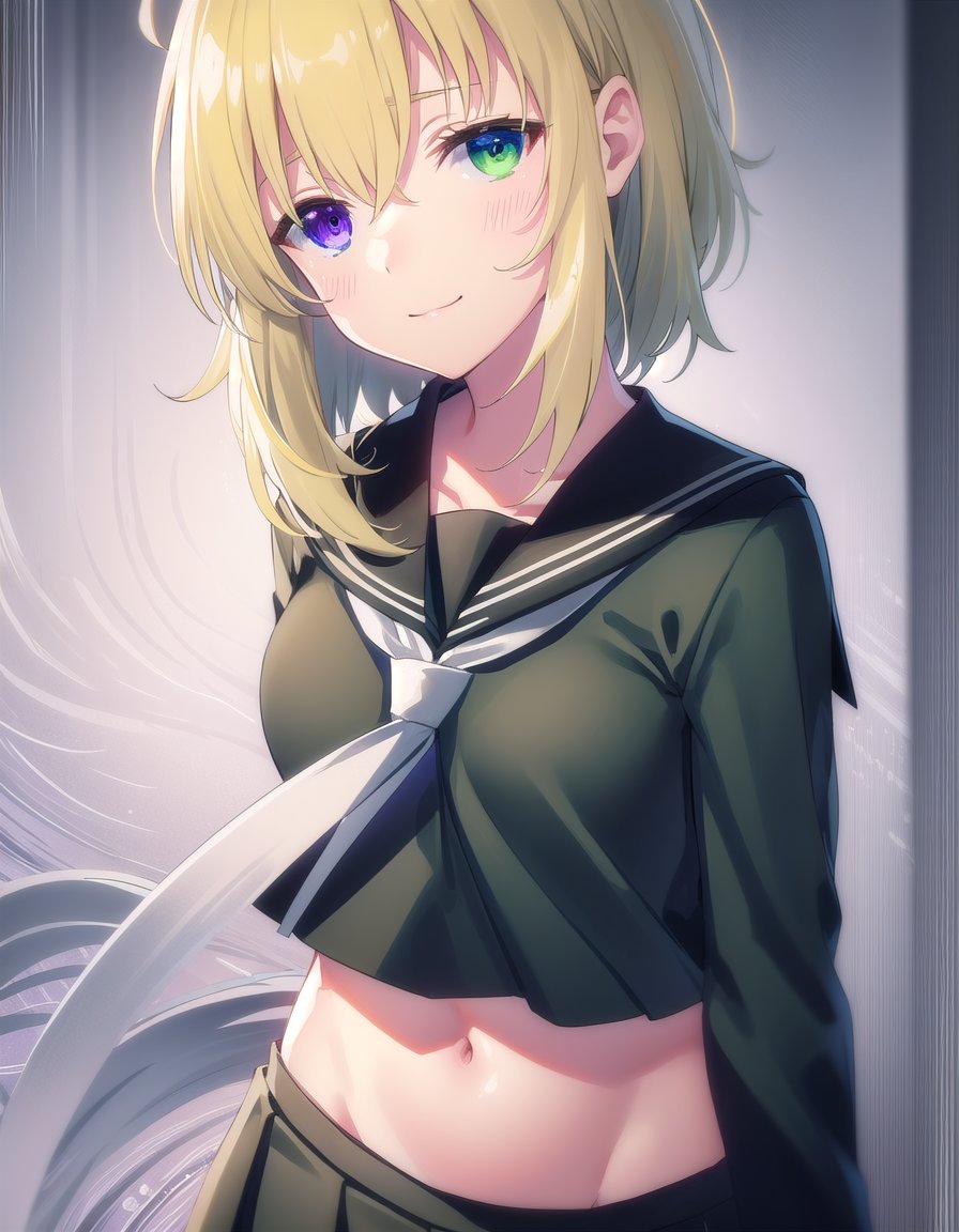 skryona, <lora:sk ryona s1-lora-nochekaiser:1>,ryona, blue eyes, blonde hair, (green eyes:1.3), medium hair, (heterochromia:1.5),BREAK skirt, shirt, long sleeves, navel, school uniform, pantyhose, pleated skirt, necktie, serafuku, midriff, black skirt, sailor collar, black shirt, black sailor collar, (black serafuku:1.2),BREAK indoors, classroom,BREAK looking at viewer, (cowboy shot:1.5), smile,BREAK <lyco:GoodHands-beta2:1>, (masterpiece:1.2), best quality, high resolution, unity 8k wallpaper, (illustration:0.8), (beautiful detailed eyes:1.6), extremely detailed face, perfect lighting, extremely detailed CG, (perfect hands, perfect anatomy),