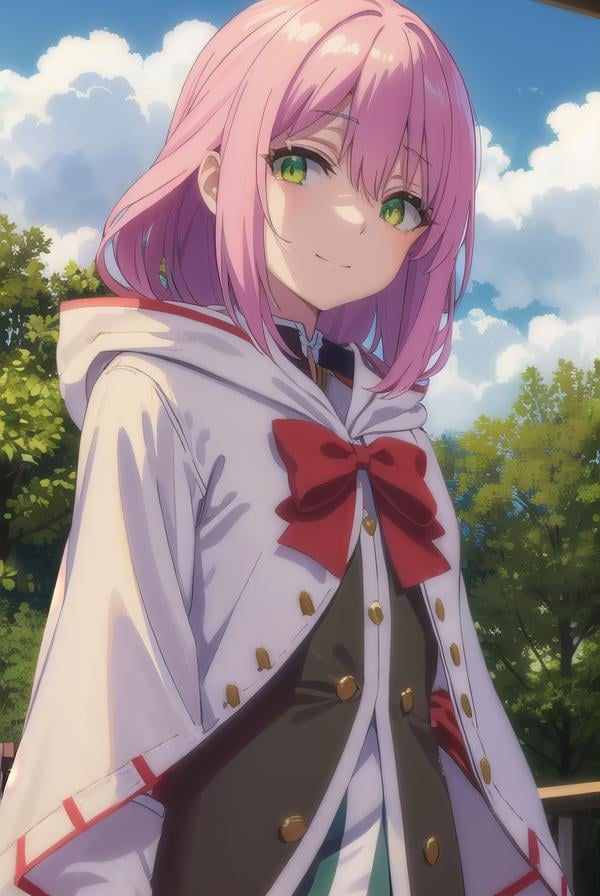 nornclatalissajioral, <lora:norn clatalissa jioral s1-lora-nochekaiser:1>,norn clatalissa jioral, long hair, hair between eyes, (green eyes:1.5), pink hair, smile,BREAK long sleeves, dress, bow, red bow, hood, robe, white robe,BREAK outdoors, forest, nature, grass, trees, sun, sky, clouds,BREAK looking at viewer, (cowboy shot:1.5),BREAK <lyco:GoodHands-beta2:1>, (masterpiece:1.2), best quality, high resolution, unity 8k wallpaper, (illustration:0.8), (beautiful detailed eyes:1.6), extremely detailed face, perfect lighting, extremely detailed CG, (perfect hands, perfect anatomy),