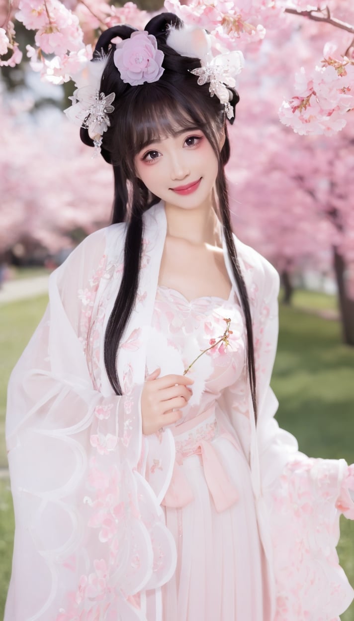 (1girl),ray tracing,(photorealistic:1.4),illustration.media of a hanfugirl,hanfu,make happy expressions,gorgeous,beautyfull detailed face and eyes,large breasts,beautyfull intricacy clothing decorative pattern details,colorful,clear sharp focus,instagram most viewed,official wallpaper,official art,wallpaper,Megapixel,highres,Intricate details,ultra detailed,8k,masterpiece,best quality,Cute,Sweet,Innocent,Playful,Blushing,Girlish,Soft,Pastel,<lora:中国风仙气蝴蝶宋制汉服V1:0.8>,Lovely,Cheerful,Charming,Kawaii,Fluffy,Sparkling,Whimsical,Adorable,Dreamy,Delicate,happy,smile,(Pink)(Under the cherry tree),cleavage,