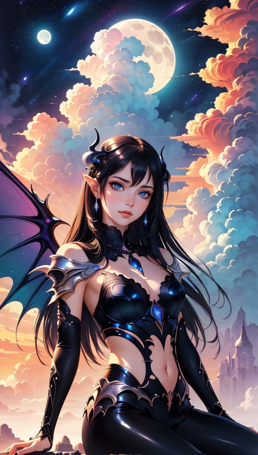 ((best quality)), ((masterpiece)), (detailed), alluring succubus, ethereal beauty, perched on a cloud, (fantasy illustration:1.3), enchanting gaze, captivating pose, delicate wings, otherworldly charm, mystical sky, (Luis Royo:1.2), (Yoshitaka Amano:1.1), moonlit night, soft colors, (detailed cloudscape:1.3), (high-resolution:1.2)