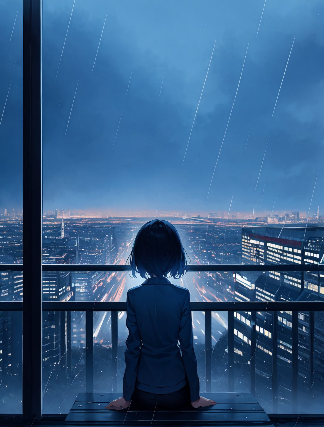 phblue, scenery, no humans, landscape,  (masterpiece,best quality:1.4), blue theme, city, dusk, 1girl, rain,cowboy shot, close up, <lora:bluestyle-000005:0.5>,