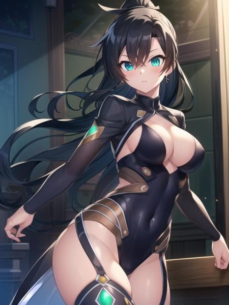 (hyper extreme detailed),masterpeace,(hyper extreme),(photorealistic),CG,(colour:1.2), beautiful lighting,light from the front, solo,  <lora:fuuma_tokiko:1>,fuuma_tokiko,black hair,long hair,ponytail,black leotard,black thighhighs,garter_straps,black elbow_gloves,green gemstone,highleg_leotard,thigh_boots,covered navel 