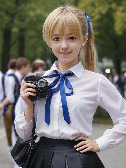 best quality, masterpiece, highres, detailed, perfect anatomy,  <lora:Detail - add_detail:0.2>, <lora:TeresaW:0.6>, TeresaW, .35mm, realistic, ponytail, happy, blonde hair, white blouse, black skirt, blue ribbon, girl holding camera, happy, european girl, high-schooler, cosplay, 