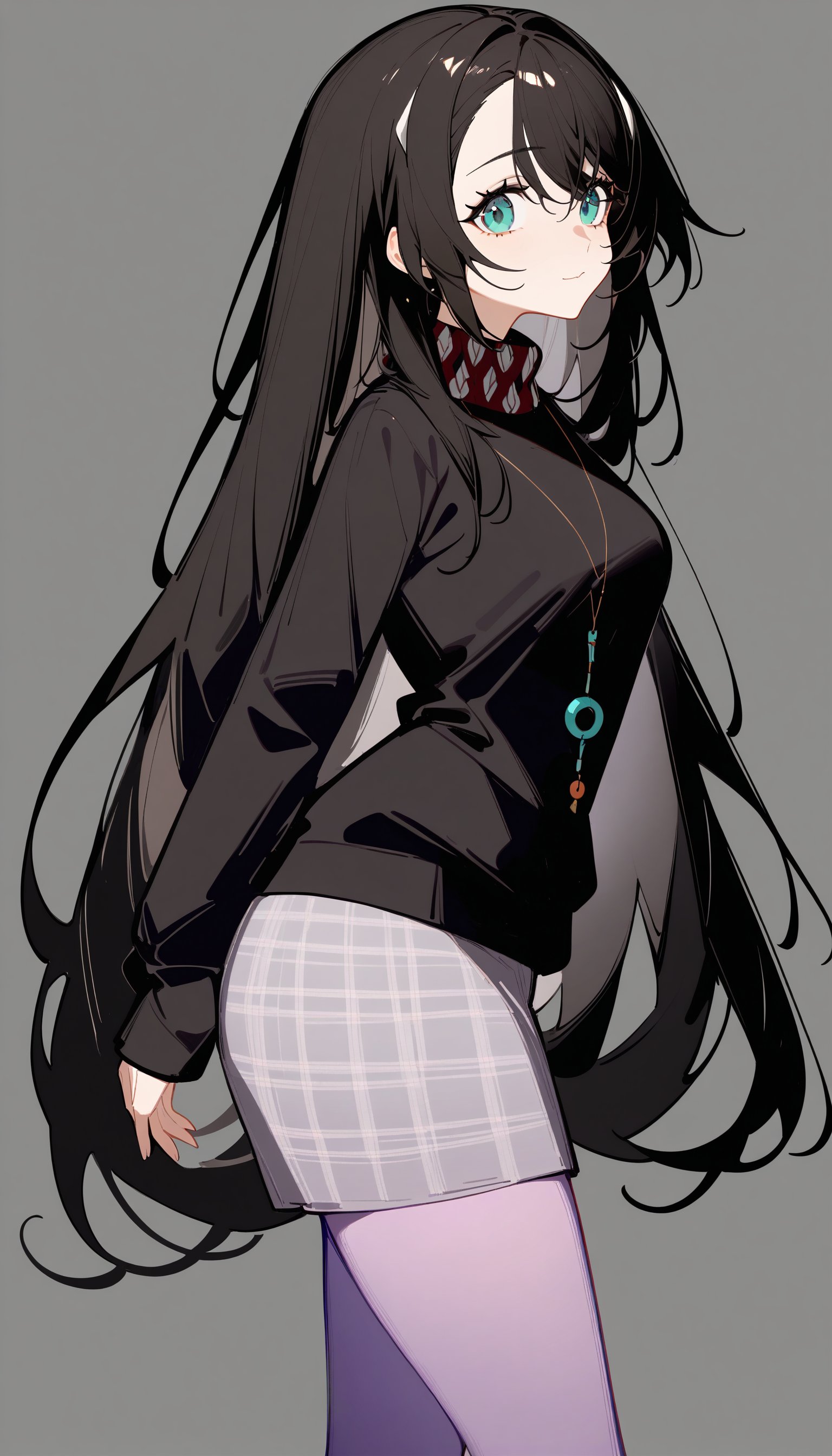 1girl,inori,mo8,shiro9jira,ciloranko,ask \(askzy\),(tianliang duohe fangdongye:0.8),hairclip,black sweater,necklace,plaid pencil skirt,white background,simple background,upper body,solo,very long black hair,purple pantyhose,from side,looking at viewer,masterpiece,best quality,newest,absurdres,safe,<lora:Fixhands_anime_bdsqlsz_V1:1>,<lora:inori8:1>,