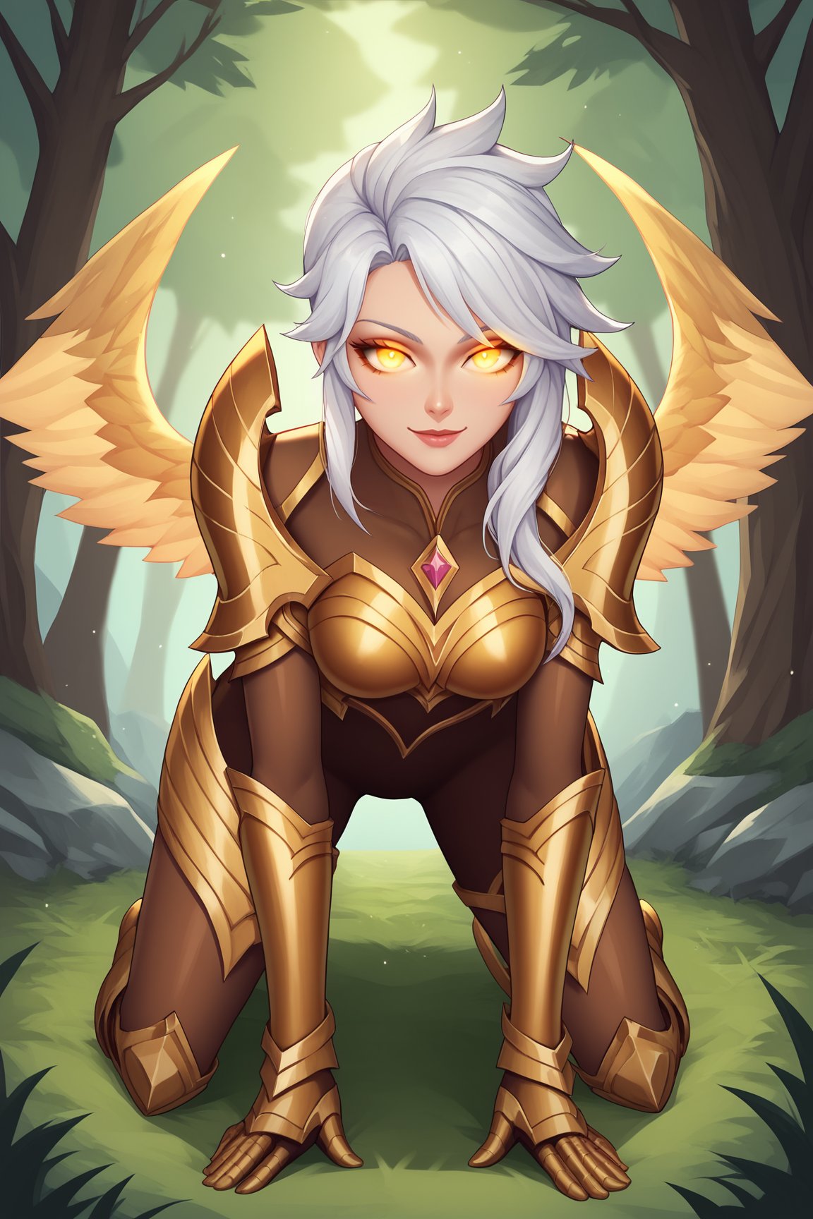 score_9, score_8_up, score_7_up, score_6_up, score_5_up, score_4_up, BREAK, KayleLoLXL, glowing eyes, yellow eyes, white hair, long hair, bangs, medium breasts, yellow wings, gold armor, gold shoulder armor, arm armor, gold gloves, gold breastplate, brown bodysuit, gold leg armor, gold armored boots, solo, full body, all fours, seductive smile, looking at viewer, forest, tree <lora:KayleLoLXL:0.9>