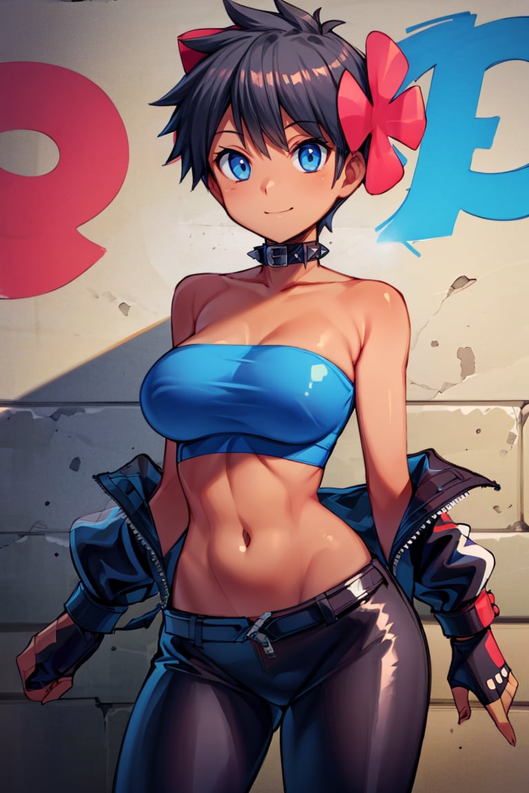 <lora:Bold_CAT:0.5>,  <lora:more_details:0.5>,  ((masterpiece, best quality)), <lora:Phoebe_Pokemon:0.8>, Phoebe_Pokemon,  blue eyes, hair flower, dark skin,  solo, smile, leather jacket, leather pants, strapless bra, black jacket, tight pants, black choker, zipper, fingerless gloves, biker clothes, spikes, unzipped, multiple belts, shiny clothes, high collar, (graffiti:1.2), brick wall,cowboy shot,