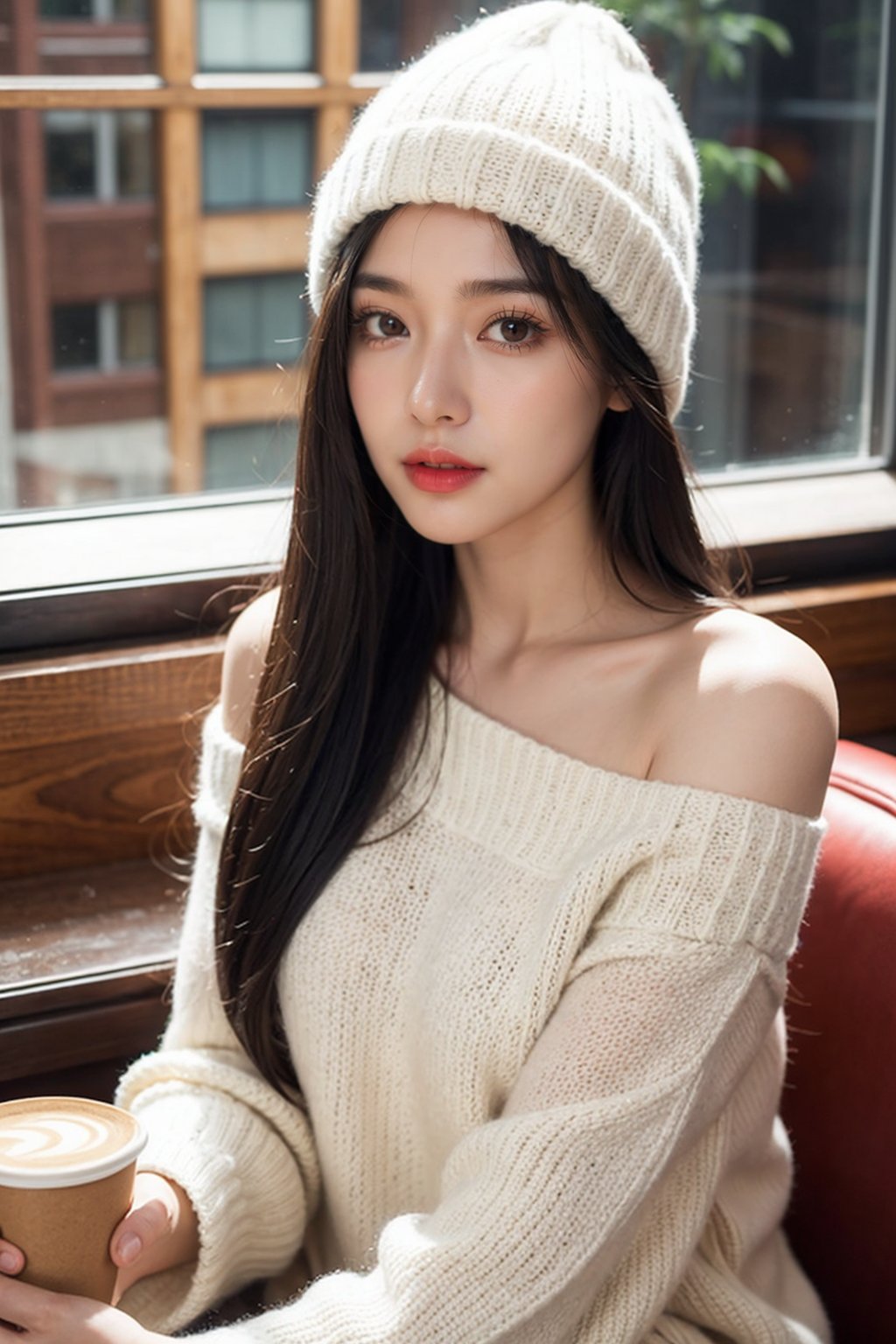 1 girl,solo,fine art photography,close up, black hair,Sitting at a table in a coffee shop,(Looking out of the window:1.2), A beige sweater, realistic,Long straight hair,A hat made of wool,indoor,bare shoulders,red lips,coffee cup, coffee,Volume lighting,Light and dark light