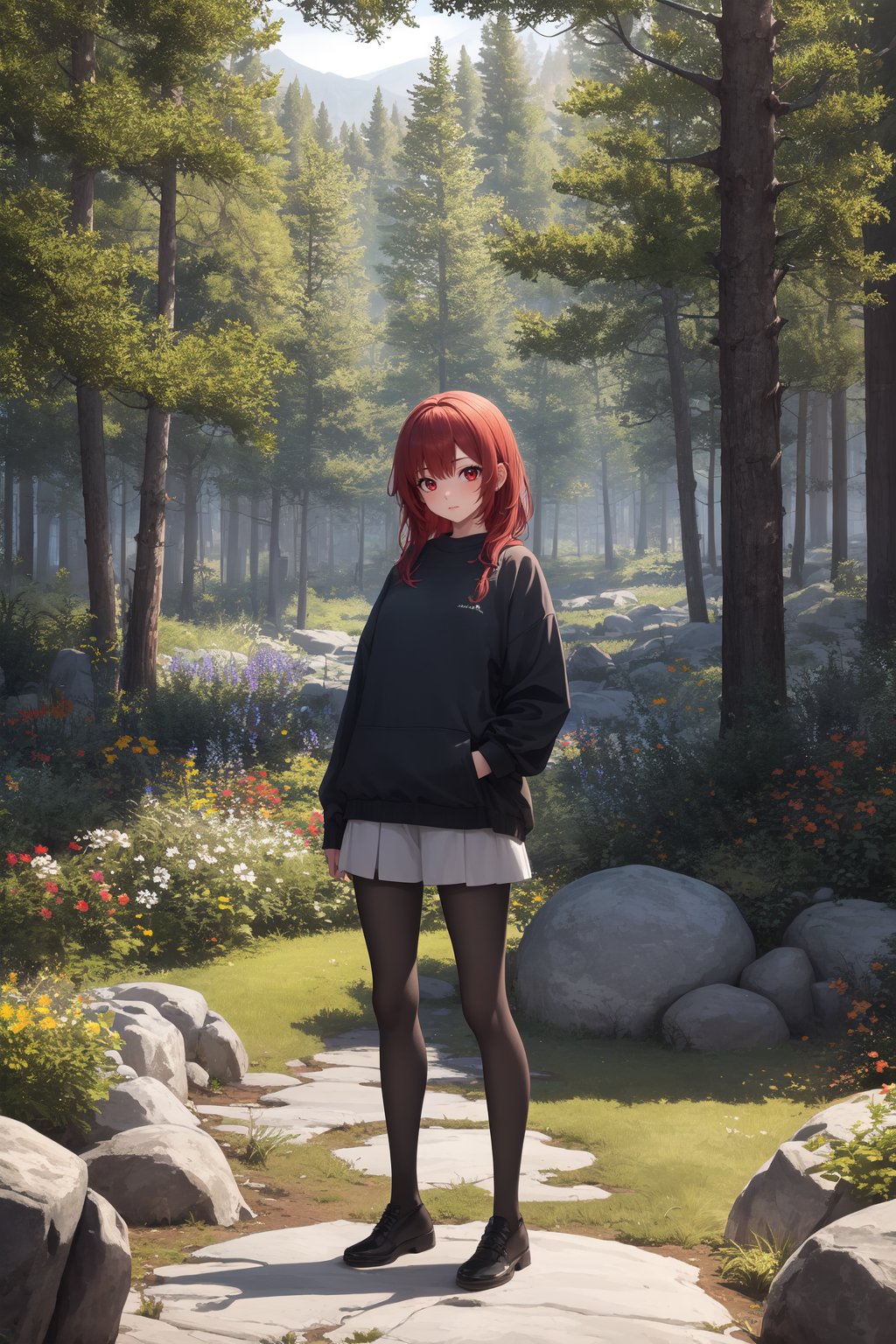 masterpiece, best quality, highres,1girl, solored hair, red eyes, tsurime, looking at viewer, black sweater, long sleeves,outdoors, nature, forest, plants, green grass, summer, flowers, rocks, standing<lora:NoiseOffset:1>