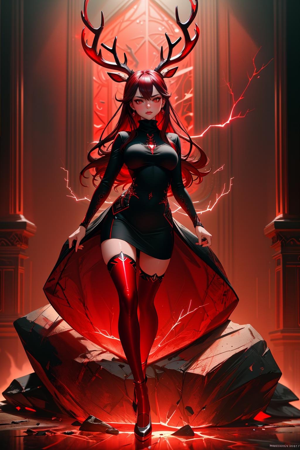 ((Masterpiece, best quality,edgQuality)),((full body)),standing, posing for a pictureedgrageaura, a woman wearing an turtleneck,red aura,wearing red light coating,deer antlers,red electricity <lora:edgRageAura:0.8>