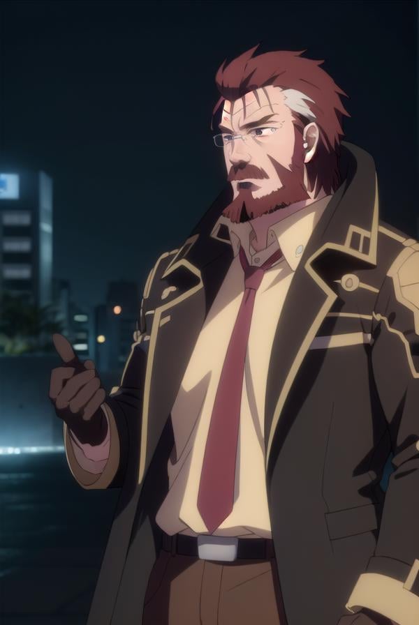 blitztalker, <lora:blitz talker s1-lora-nochekaiser:1>,blitz talker, brown hair, male focus, red hair, multicolored hair, facial hair, scar, (black eyes:1.5), beard,BREAK shirt, gloves, necktie, black gloves, coat, yellow shirt,BREAK outdoor, city, night, sky, buildings, moon, clouds,BREAK looking at viewer, (cowboy shot:1.5),BREAK <lyco:GoodHands-beta2:1>, (masterpiece:1.2), best quality, high resolution, unity 8k wallpaper, (illustration:0.8), (beautiful detailed eyes:1.6), extremely detailed face, perfect lighting, extremely detailed CG, (perfect hands, perfect anatomy),