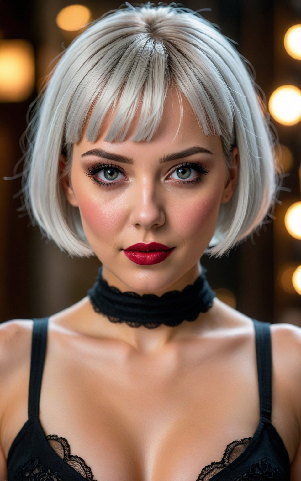 (best quality, 4k, 8k, high-res, masterpiece), ultra-detailed, (realistic, photorealistic, photo-realistic), 1girl, solo, looking at viewer, short hair, bangs, upper body, white hair, lips, bodysuit, makeup, nose, black bodysuit