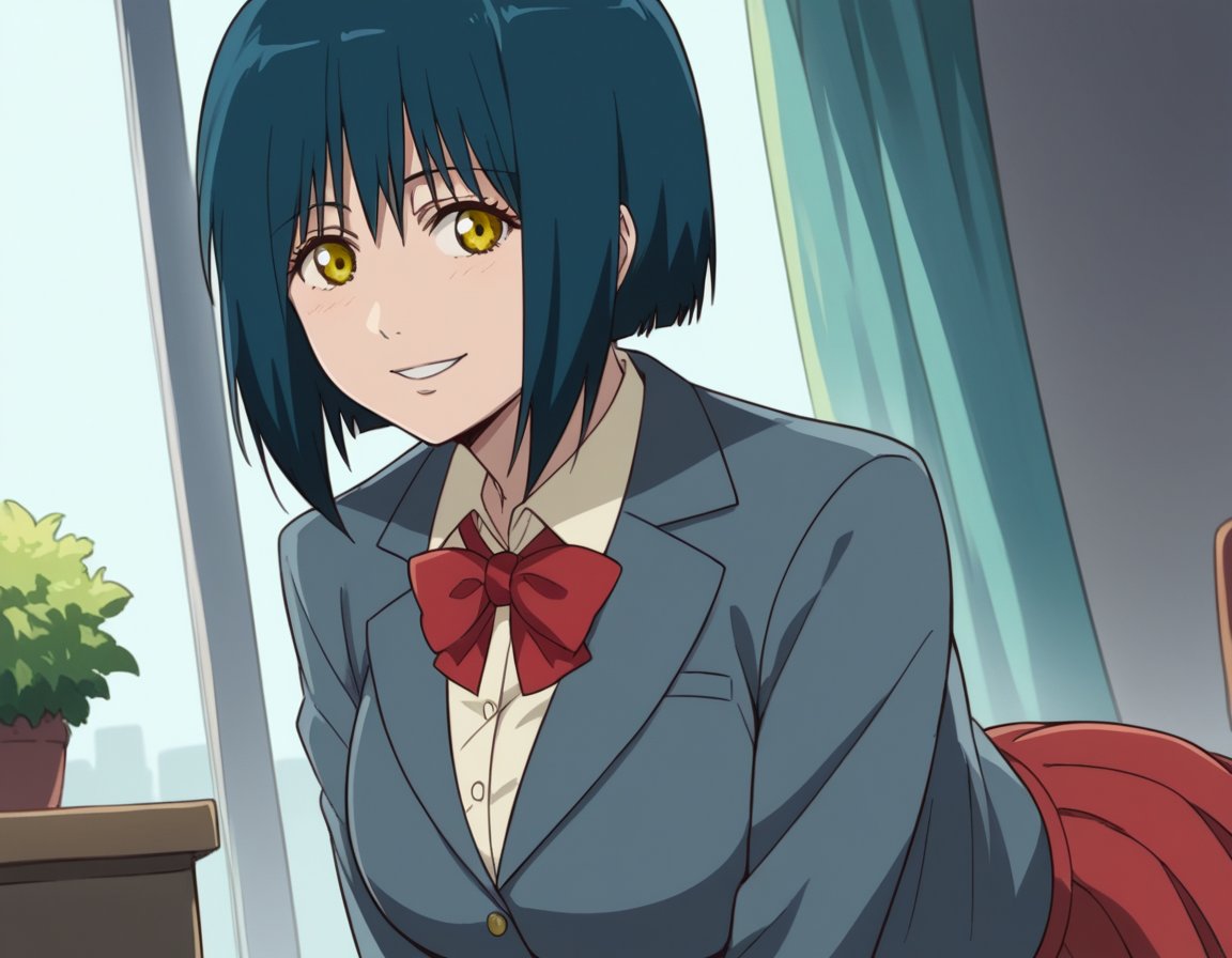 score_9, score_8_up, score_7_up, source_anime, <lora:manami-nikaido-ova-ponyxl-lora-nochekaiser:1>, manami nikaido, short hair, black hair, blue hair, yellow eyes, bob cut, large breasts,, school uniform, shirt, collared shirt, blazer, grey blazer, bowtie, red bowtie, skirt, red skirt, pleated skirt,, indoors, bent over, smile,, looking at viewer, solo, cowboy shot, dutch angle