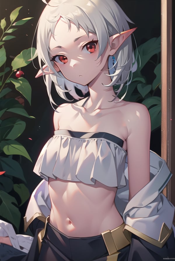 sylphiette, <lora:sylphiettetest:1>, sylphiette, ahoge, elf, forehead, pointy ears, (red eyes:1.5), short eyebrows, short hair, white hair, (flat chest:1.2),BREAK bikini,BREAK looking at viewer,BREAK outdoors, beach,BREAK <lora:GoodHands-vanilla:1>, (masterpiece:1.2), best quality, high resolution, unity 8k wallpaper, (illustration:0.8), (beautiful detailed eyes:1.6), extremely detailed face, perfect lighting, extremely detailed CG, (perfect hands, perfect anatomy),