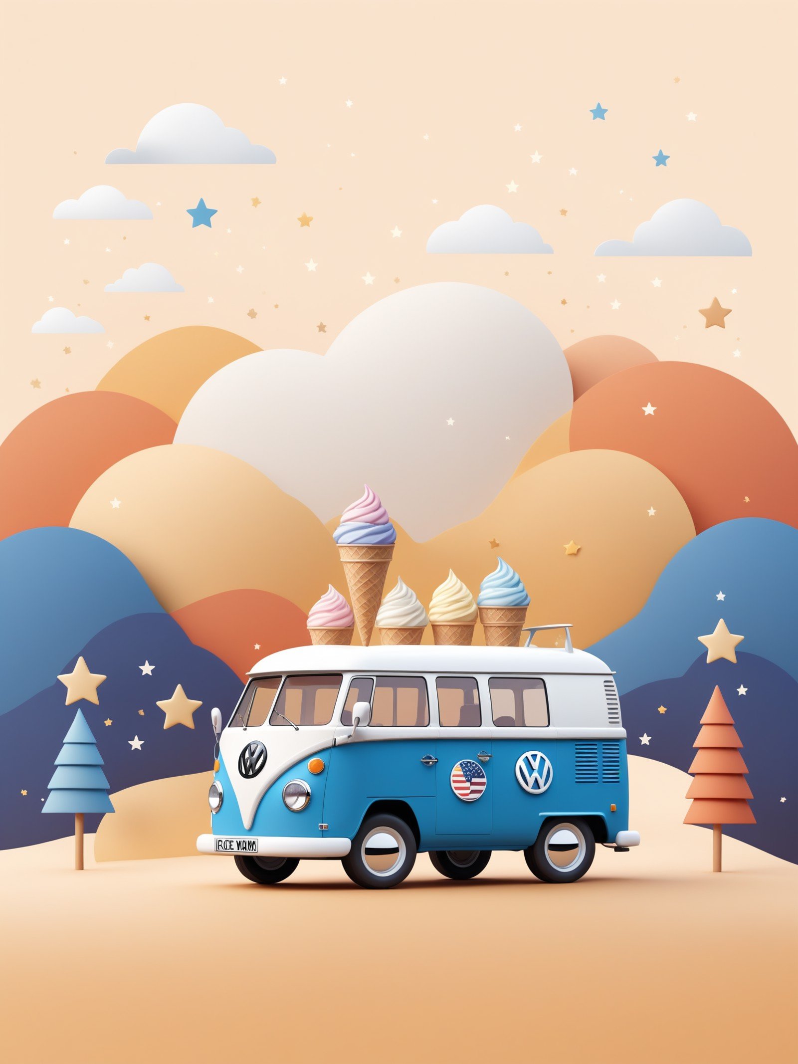 FRESHIDEAS landscape,2D logo, Ice cream van stars and flags, modern vw van. minimal design, elegant lines, warm hues, Adobe Illustrator software, cozy and inviting style render. Achievement badge