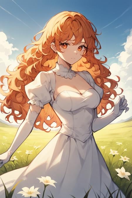 score_9, score_8_up, score_7_up, rating_safe, 1girl, solo, long hair, curly hair, wavy hair, orange hair, orange eyes, looking at viewer, breasts, dress, white dress, puffy sleeves, puffy short sleeves, short sleeves, gloves, elbow gloves, white gloves, cowboy shot, closed mouth, standing, outdoors, field, flower, grass, plant, sky <lora:Anime Style LoRA XL:0.7>