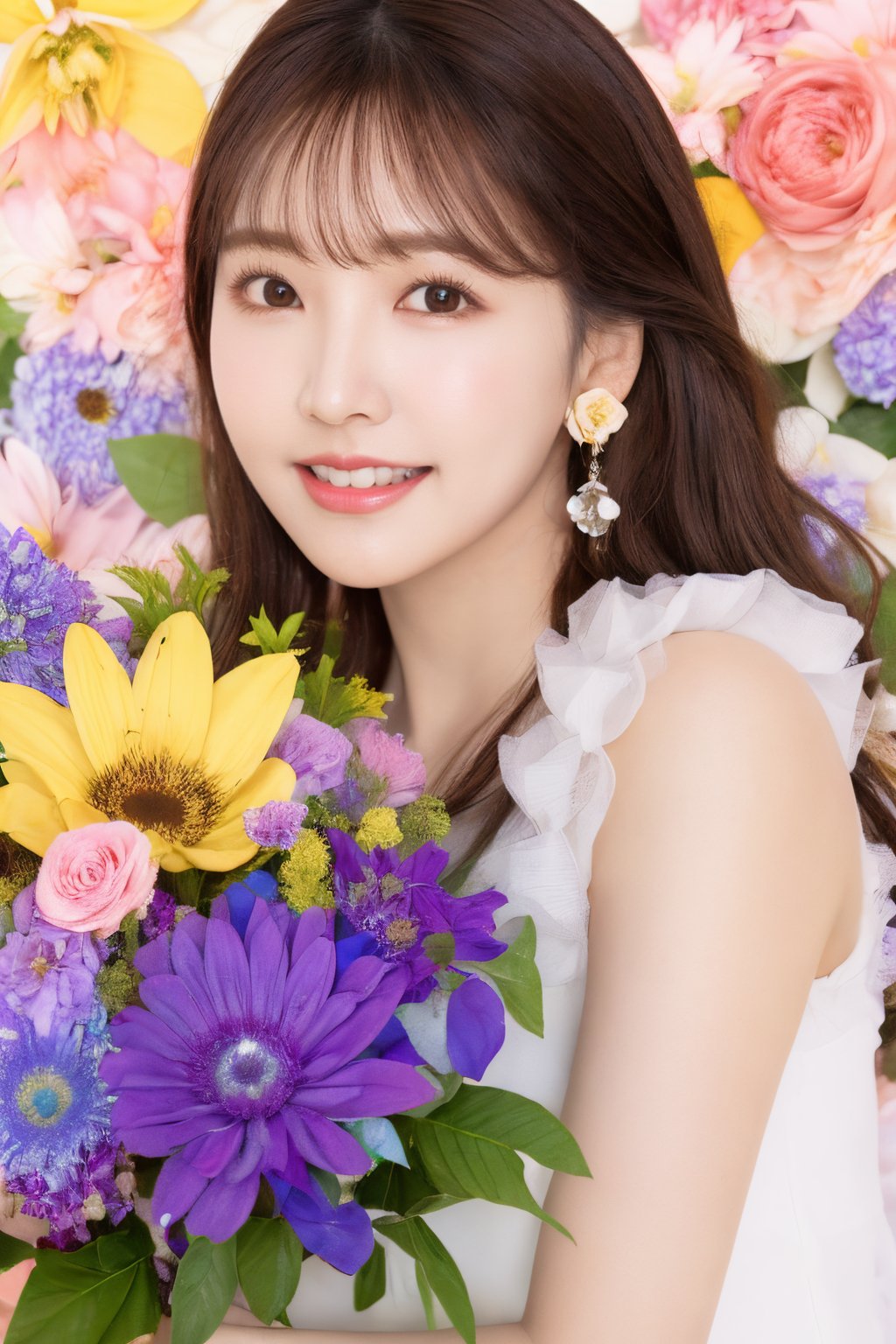 裴希西, 1girl, solo, flower, brown hair, earrings, jewelry, long hair, smile, yellow flower, bouquet, looking at viewer, pink flower, brown eyes, blue flower, floral background, upper body, sleeveless, realistic, lips, orange flower, purple flower, rose, bangs, dress