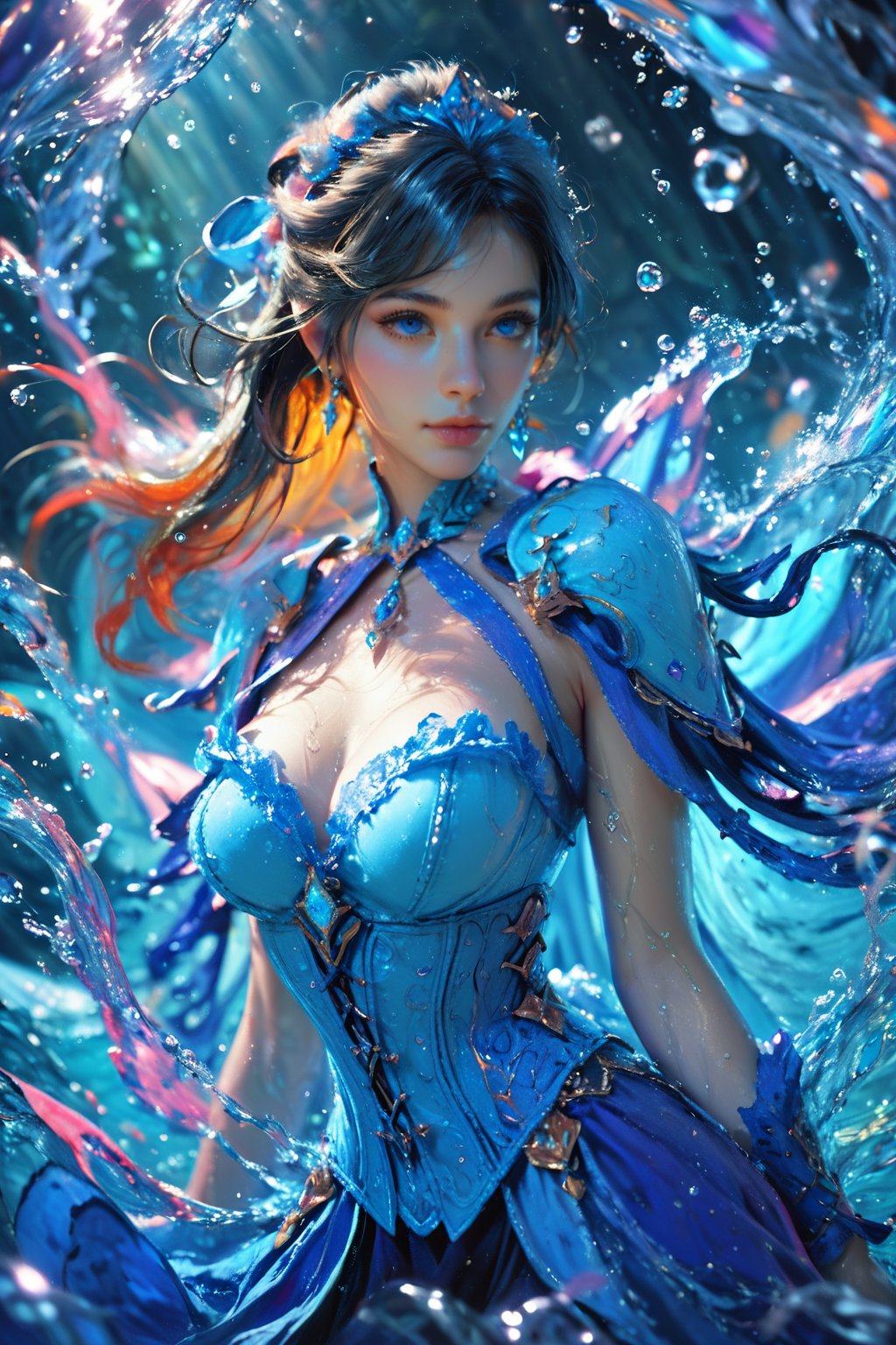 score_9, score_8_up, score_7_up, ethereal, fantasy, a woman in a blue corset, surrounded by water splashes, dramatic lighting, dramatic and mystical mood, intricate blue costume, serene expression, water droplets, vibrant and dynamic composition., <lora:yushui-pony:0.6>, 