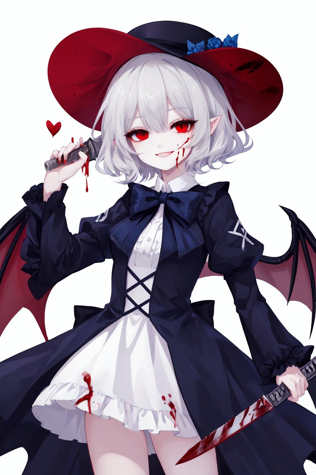 1girl,wings,hat,solo,bow,knife,blood,holding knife,rose,wide sleeves,holding,pointy ears,flower,white headwear,arm up,long sleeves,white hair,heart,dress,bat wings,blue bow,blue flower,smile,red eyes,blue rose,hat bow,hat flower,blue dress,red wings,black background,looking at viewer,frills,blood on face,shirt,bangs,grey background,weapon,simple background,vampire,hat ribbon,ribbon,short hair,blood on knife,