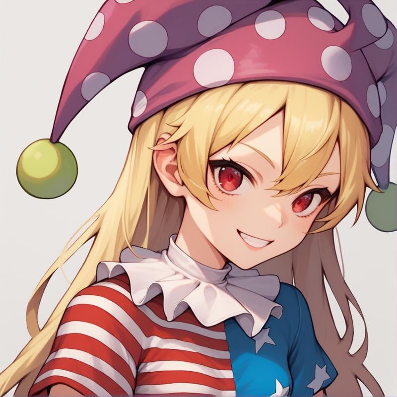 score_9, score_8_up, score_8, score_9, 1 girl,  source_anime, <lora:clownpiece_pony-10:1>, jester cap, neck ruff, blonde hair, portrait, american flag dress, clownpiece, red eyes, long hair, small breasts, short sleeves, smile