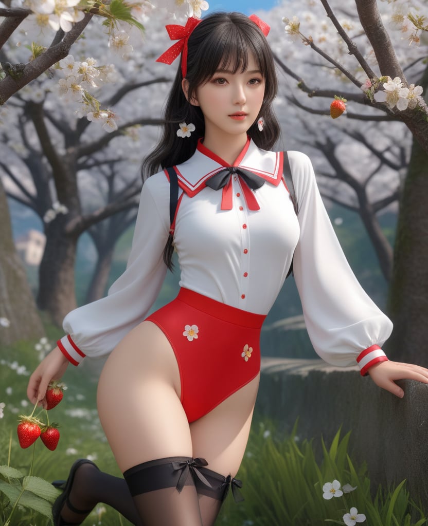 (,1girl, ,best quality, )masterpiece, fantasy, realistic,science fiction,mole, ultra realistic 8k cg, ,tamari \(flawless\),    , strawberry blossoms, (()), (()),,pantyhose, ribbon,