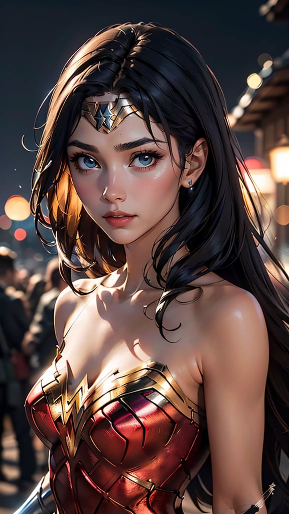 (best quality, masterpiece, colorful, dynamic angle, highest detailed)(Wonder Woman), upper body photo, fashion photography of cute black long hair girl (Wonder Woman), dressing high detailed Wonder Woman suit (high resolution textures), in dynamic pose, bokeh, (intricate details, hyperdetailed:1.15), detailed, moonlight passing through hair, perfect night, (fantasy background), (official art, extreme detailed, highest detailed), HDR+