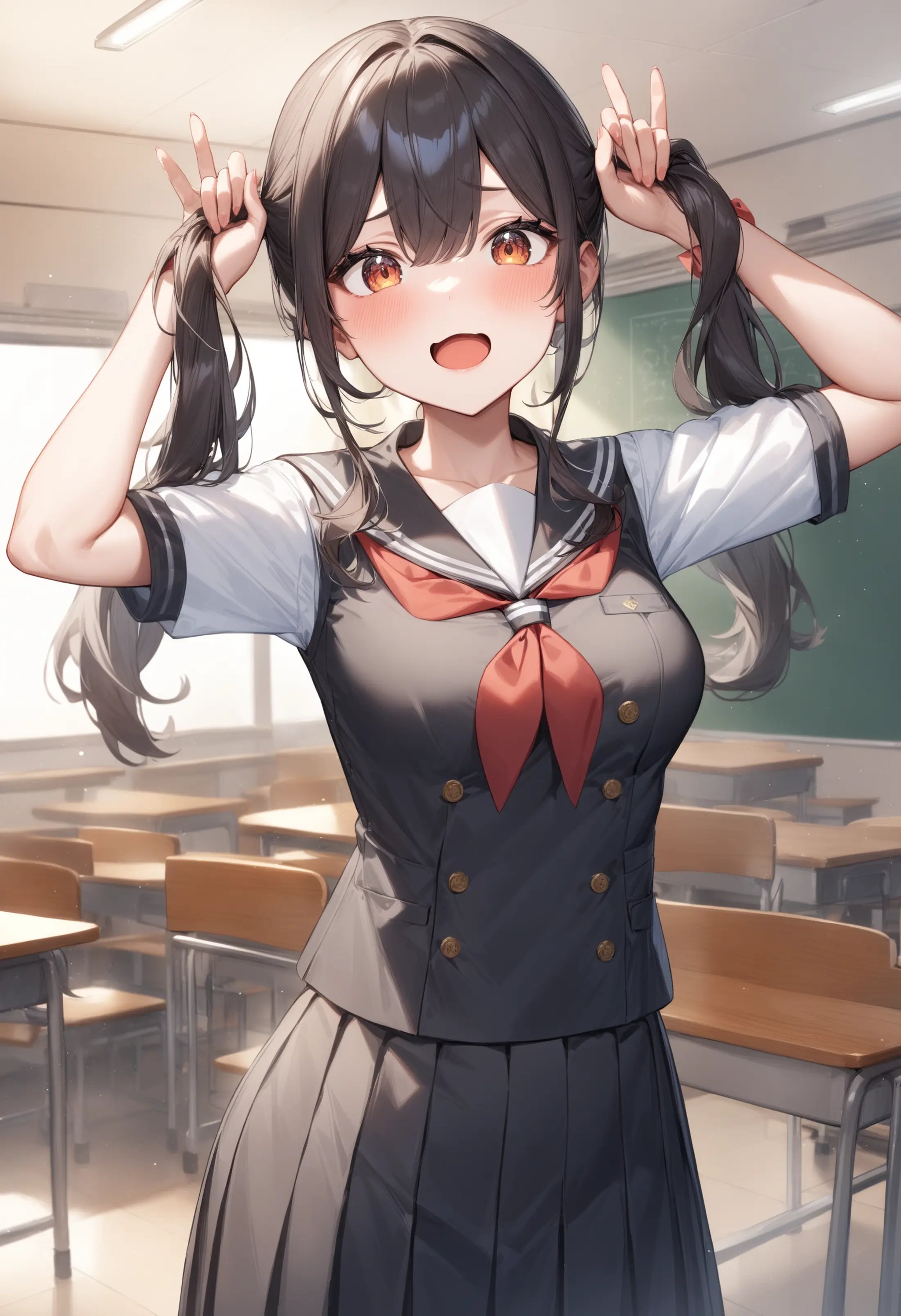 1girl, <lora:sdxl2-flat2-512b:-1>,medium breasts,school uniform,bunching hair,<lora:bunchinghair_XL_v1:0.8>ceiling, panorama shot, looking at viewer, fingersmile, science room, open mouth,masterpiece, best quality, very aesthetic, absurdres