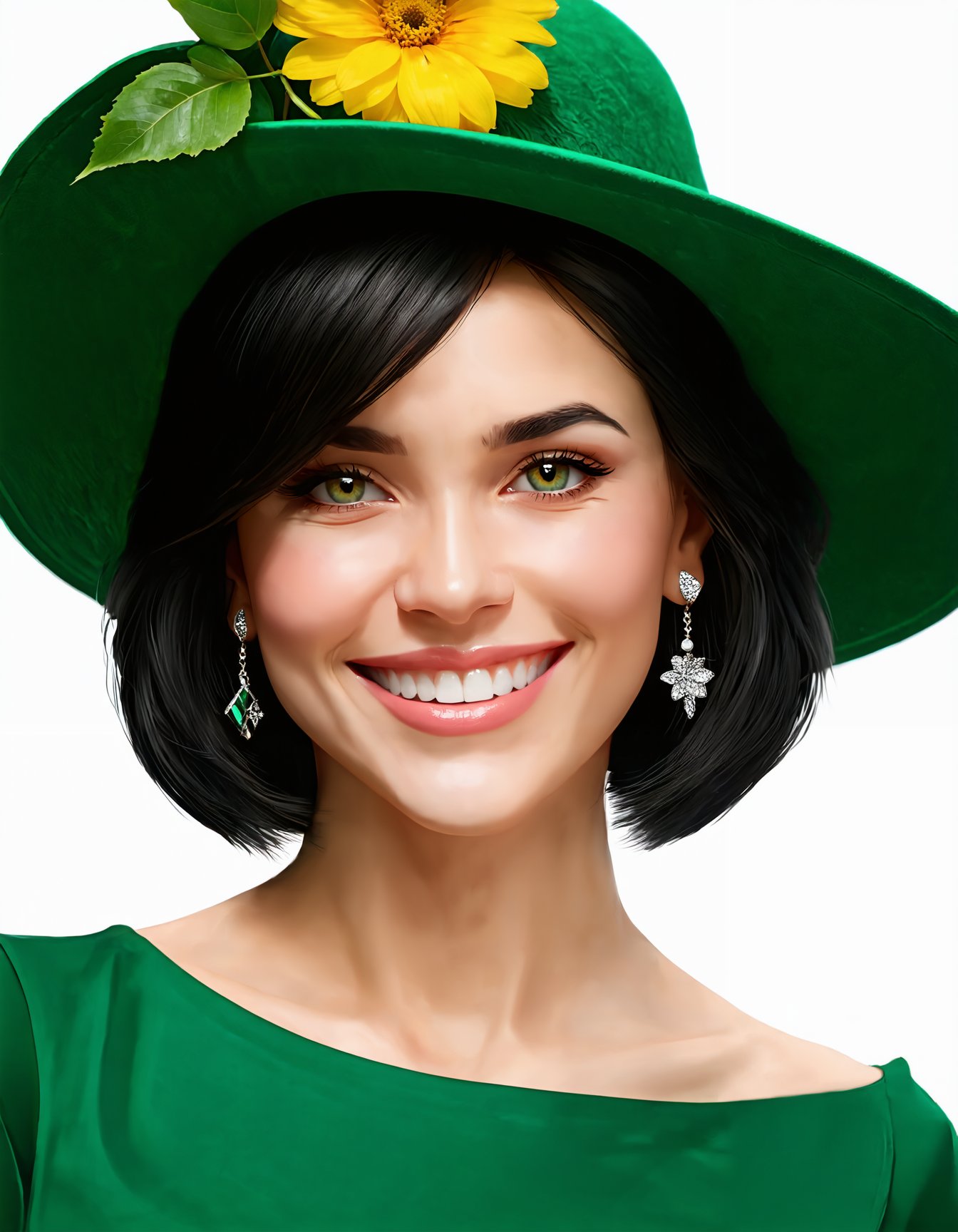 Ultra-detailed, highly realistic portrait of a smiling woman, looking at viewer, short hair, black hair, dress, hat, jewelry, green eyes, upper body, flower, earrings, lips, leaf, green dress, yellow flower, green shirt, green headwear, hat flower, realistic, green theme, modern_style_boost_v1_slider_sd3m.safetensors