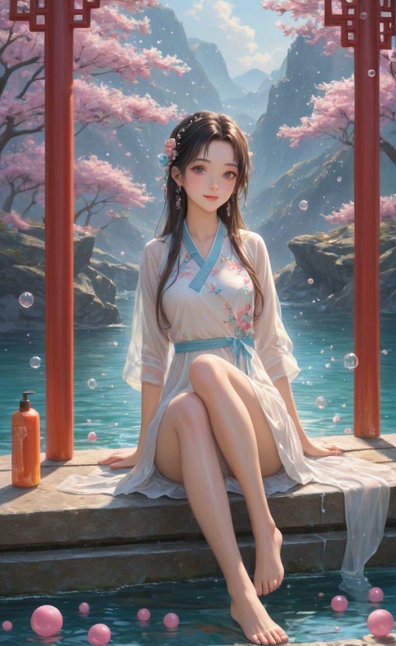 Colorful colors,surrounded by water bubbles,oil paintings painted in anime style,chinese girls,full body,barefoot, masterpiece, best quality,