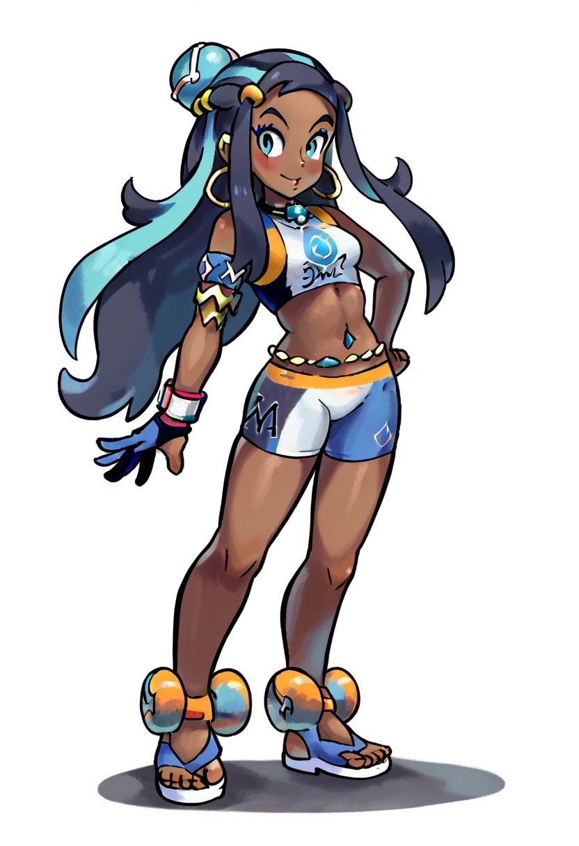 <lora:MarioLuigiStyle-PDXL-10:1.3> score_9, score_8_up, score_7_up, BREAK 1girl, nessa \(pokemon\), dark-skinned female, solo, black eyes, looking at viewer, full body, simple background, white background