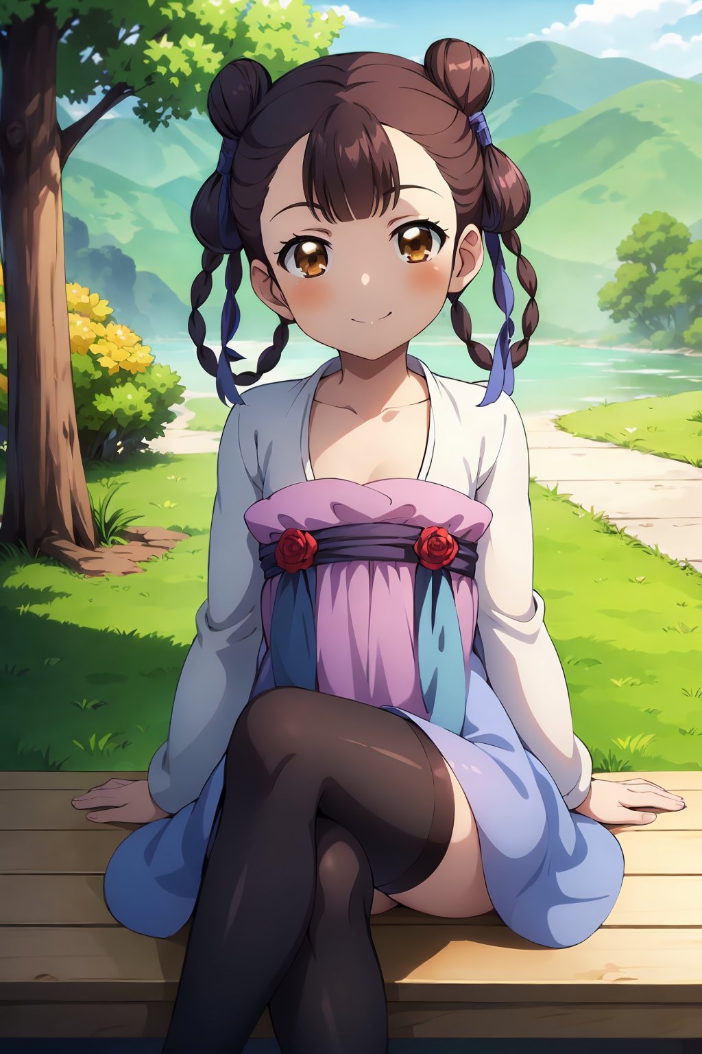 HDR,UHD,best quality,Highly detailed,masterpiece,Professional,<lora:dongfangqinlan:0.7>,dongfangqinlan,1girl,solo,blush,brown eyes,outdoors,dress,braid,brown hair,hair bun,twin braids,double bun,bow,smile,sitting,crossed legs,black_thighhighs,