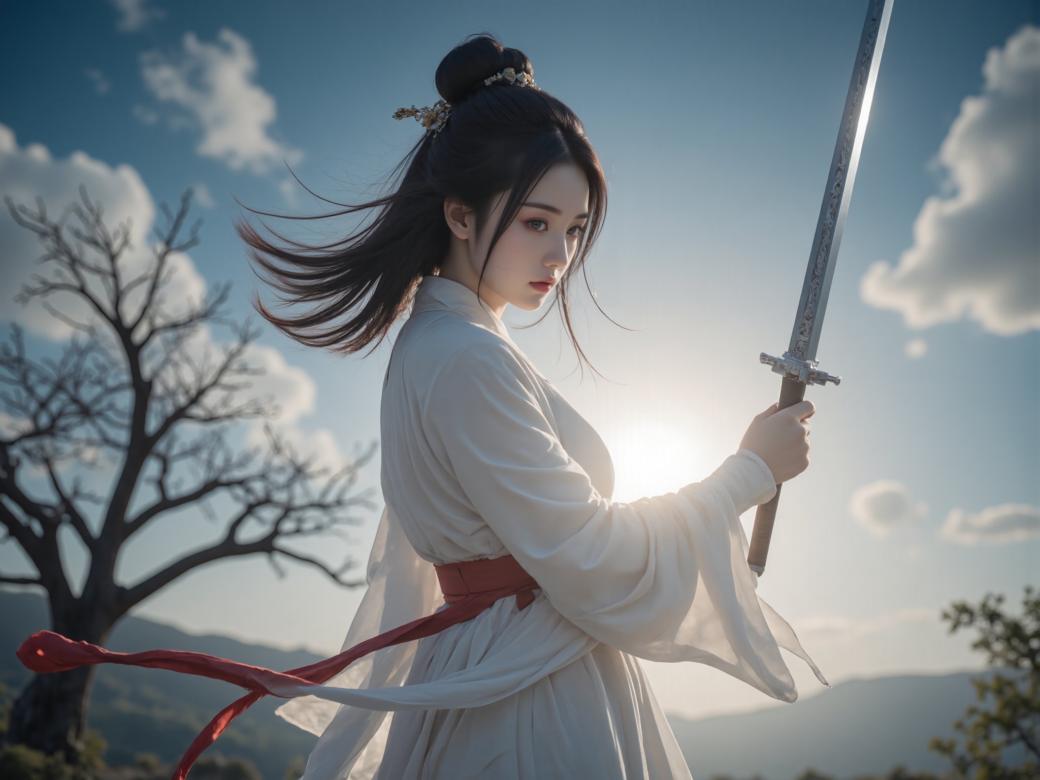 1girl,solo,black hair,hair ornament,gloves,long sleeves,holding,standing,weapon,outdoors,sky,day,cloud,wide sleeves,fingerless gloves,hair bun,white dress,tree,sash,holding sword,chinese clothes,single hair bun,realistic,viewed from below, (from below:1.1),(very aesthetic, best quality,    ultra detailed),intricate details,dark theme,soothing tones,high contrast,natural skin texture,soft light,sharp,masterpiece,best quality,(ray tracing),sunlight,(scenic view:1.1),rich colors,high contrast,full shot body photo of the most beautiful artwork in the world,cinematic light,fantasy,highres,(detailed face),ultra-realistic,high dynamic range,photoreal,epic realistic,dark shot,shadows,darkness,contrast,layered colors,vivid colors,contrast,offcial art,colorful,splash of color,movie   perspective,very aesthetic,disheveled hair,perfect composition,moist skin,intricate details,moody,epic,photorealistic,color  graded cinematic,atmospheric    lighting,award  winning photo,film grain,A shot with tension,(Visual impact,giving the poster a dynamic and visually striking appearance:1.2),impactful picture,cinematic photo This is a poster about the WuXia，It has a realistic picture effect，The picture is messy and extremely rich in details，(The theme text of the poster is: "Tenkai":1.2)，One line apart,(the subtitle below reads: "WuXia":1.2),golden hour,unconventional supreme masterpiece,masterful details,temperate atmosphere,with a high-end texture,in the style of fashion photography,magazine cover,Dynamic Angle,Dynamic posture,Perspective,unconventional supreme masterpiece,masterful details,see-through,light particles,realistic，Silk, embroidery,Mole under eye,A mature face，cold attitude,<lora:极品超模V8_2.0:0.8>