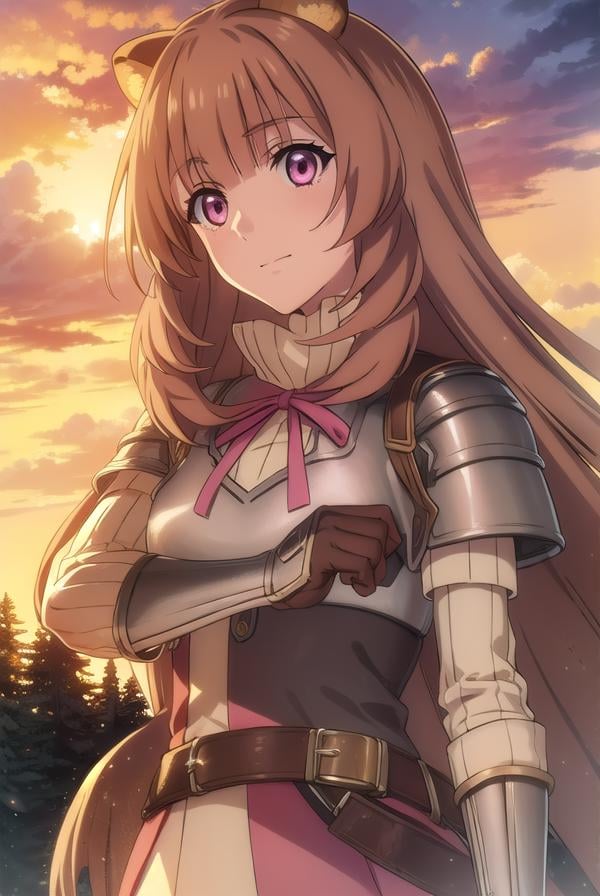 raphtalia, <lora:raphtalia s3-lora-nochekaiser:1>,raphtalia, long hair, bangs, brown hair, animal ears, raccoon ears, raccoon tail, raccoon girl, (pink eyes:1.3), smileBREAK long sleeves, sweater, ribbed sweater, shoulder armor, breastplate, ribbon, red ribbon, gauntlets, glove, brown gloves, belt, skirt, armor,BREAK outdoors, forest, nature, sun, sky, trees, clouds, grass,BREAK looking at viewer, (cowboy shot:1.5),BREAK <lyco:GoodHands-beta2:1>, (masterpiece:1.2), best quality, high resolution, unity 8k wallpaper, (illustration:0.8), (beautiful detailed eyes:1.6), extremely detailed face, perfect lighting, extremely detailed CG, (perfect hands, perfect anatomy),