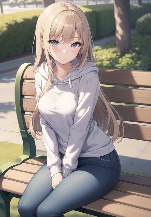 masterpiece,best quality,1girl,medium breasts,park,long hair,sitting,bench,hoodie,jeans