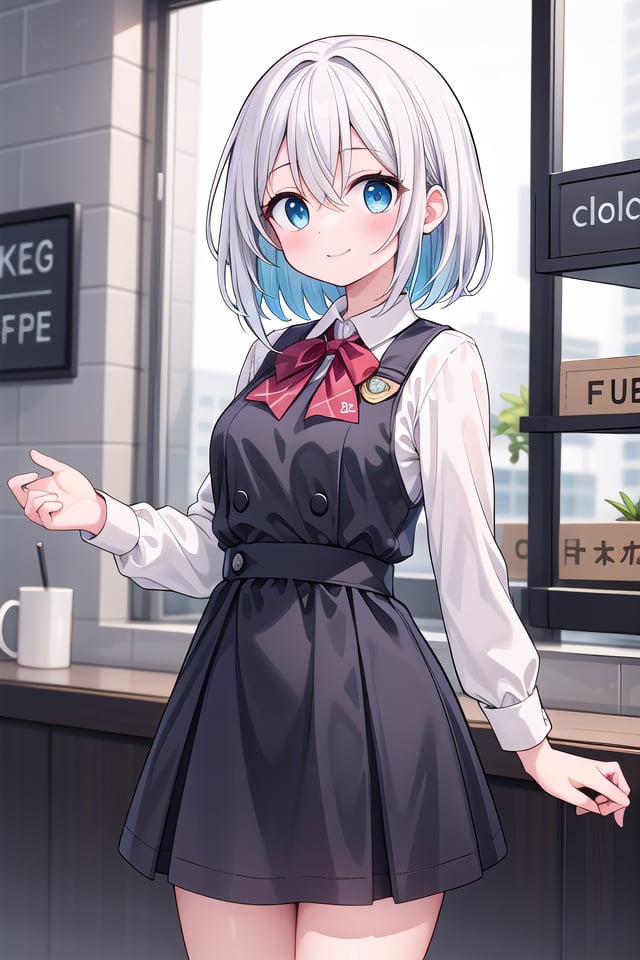 insanely detailed, absurdres, ultra-highres, ultra-detailed, best quality,1girl, solo, nice hands, perfect handsBREAKwearing school uniform, (cleavage:-1.5)BREAKhappy smile, laugh, closed mouthBREAK45 angle,standing, cowboy shot, looking at viewerBREAKslender, kawaii, perfect symmetrical face, ultra cute girl, ultra cute face, ultra detailed eyes, ultra detailed hair, ultra cute, ultra beautifulBREAKin coffee shop, depth of field, ultra detailed backgroundBREAKmedium large breastsBREAKrainbow color hair, multiple color hair, rainbow color eyes, fishtail, hair between eyes