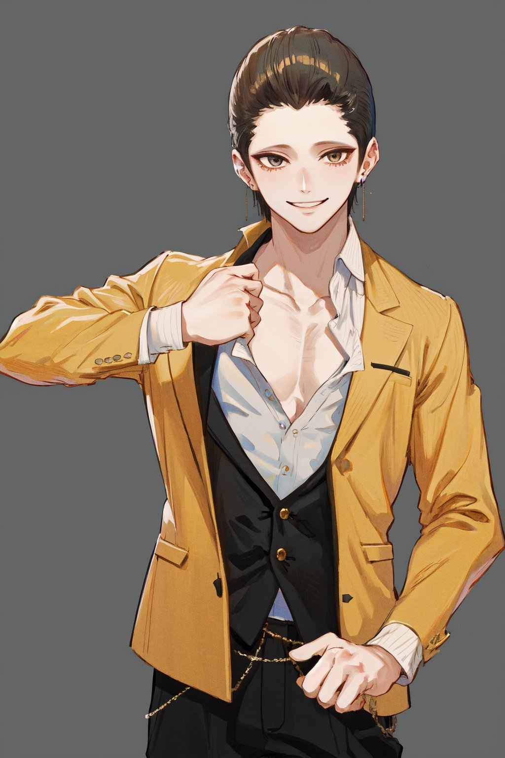 masterpiece, best quality, highres, 1boy earrings, simple background, partially unbuttoned, smile <lora:giorno_giovanna_jojo_pose_d32_pruned:1> <lora:ashaf_no_outfit:1>