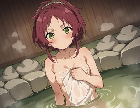 score_9, score_8_up, score_7_up, source_anime,aishagreyrat, <lora:aisha-greyrat-s2-ponyxl-lora-nochekaiser:1>,aisha greyrat, green eyes, ponytail, red hair,nude, naked, small breasts,outdoors, onsen, towel, naked towel, steam, bathing, nude cover, partially submerged, water, bath, steam censor, wet towel, blush,solo, dutch angle, looking at viewer, cowboy shot,