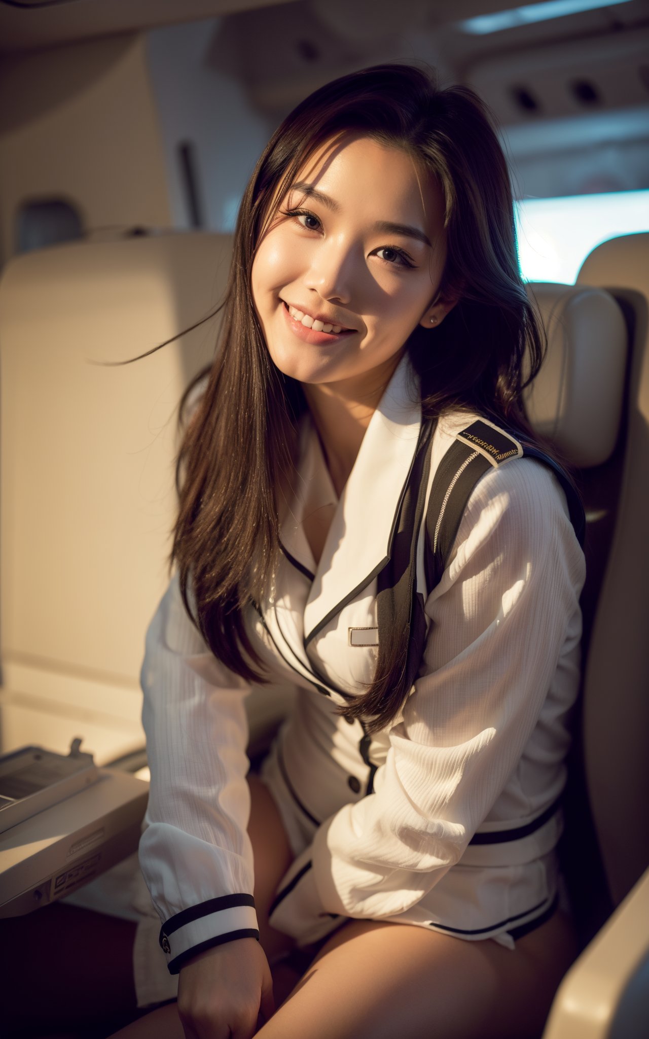 2girl,sexy 19yo,asian,aegyo,flight attendant,wearing flight attendant uniform and cap,smiling,8k resolution,inside airplane background,inside cockpit,indoors,Canon EOS R5,50mm,absurdres,ultra detailed,sharp focus,cinematic lighting,detailed beautiful face,cute,korean,young head,(masterpiece:1),(best quality:1.4),(ultra highres:1.2),(photorealistic:1.4),(heavy makeup),(skinny and fit body:1.3),thigh gap,detailed long blond hair,messy hair,contrapposto,hand of guido daniele,,