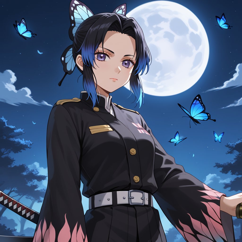 1girl, solo, butterfly, bug, kochou shinobu, demon slayer uniform, butterfly hair ornament, , , hair ornament, moon, multicolored hair, katana, full moon, long sleeves,  , sheath, haori, night, closed mouth, unsheathed, sky,  , belt, blue butterfly, jacket, gradient hair, black jacket, wide sleeves