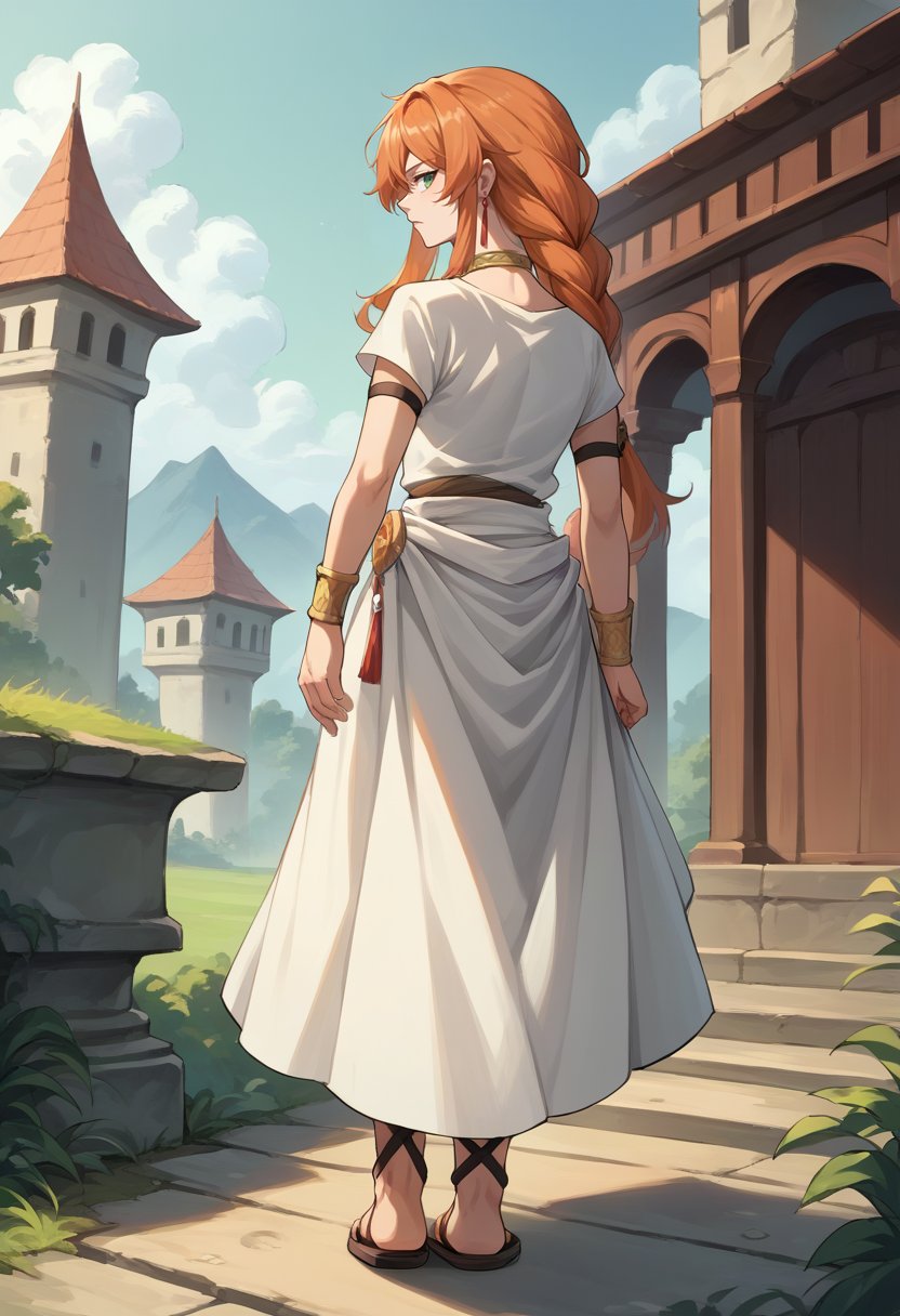 score_9, score_8_up, source_anime, 1girl, solo, FlammeFrieren, orange hair, green eyes, long hair, braided ponytail, earrings, choker, armlet, bracelet, white dress, white sash, short sleeves, sandals, outdoors, from behind, looking back, <lora:ChamFlammePonyXL:1>