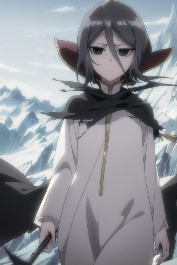 rukiakuchiki, <lora:rukia kuchiki movie3-lora-nochekaiser:1>,dark rukia kuchiki, kuchiki rukia, short hair, grey hair, hair between eyes, (black eyes:1.5), (black sclera:1.5),BREAK cape, robe, white robe, high collar, long sleeves, torn clothes,BREAK outdoors,BREAK looking at viewer, (cowboy shot:1.5),BREAK <lyco:GoodHands-beta2:1>, (masterpiece:1.2), best quality, high resolution, unity 8k wallpaper, (illustration:0.8), (beautiful detailed eyes:1.6), extremely detailed face, perfect lighting, extremely detailed CG, (perfect hands, perfect anatomy),