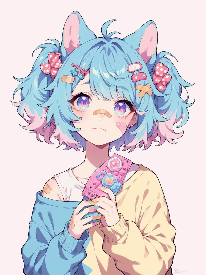 score_9, score_8_up, score_7_up, score_6_up,  <lora:p4st3lg0r3XLP:1> p4st3lg0r3, 1girl, pastel,animal ears, bandaid, hair ornament