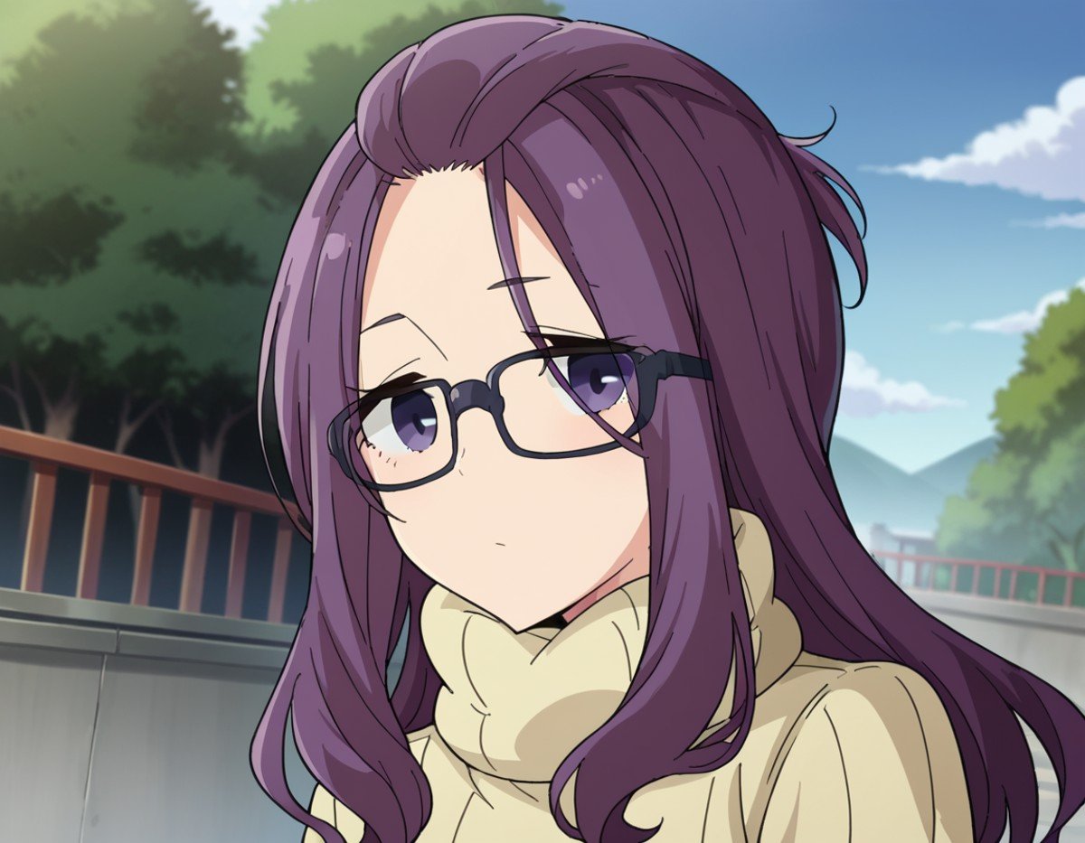 score_9, score_8_up, score_7_up, source_anime,sakurakagamihara, <lora:sakura-kagamihara-s1s2-ponyxl-lora-nochekaiser:1>,sakura kagamihara, long hair, purple eyes, purple hair, glasses, black-framed eyewear, bangs pinned back,long sleeves, sweater, turtleneck, ribbed sweater, turtleneck sweater, pants, denims,outdoors, nature, bent over,looking at viewer, dutch angle, cowboy shot,