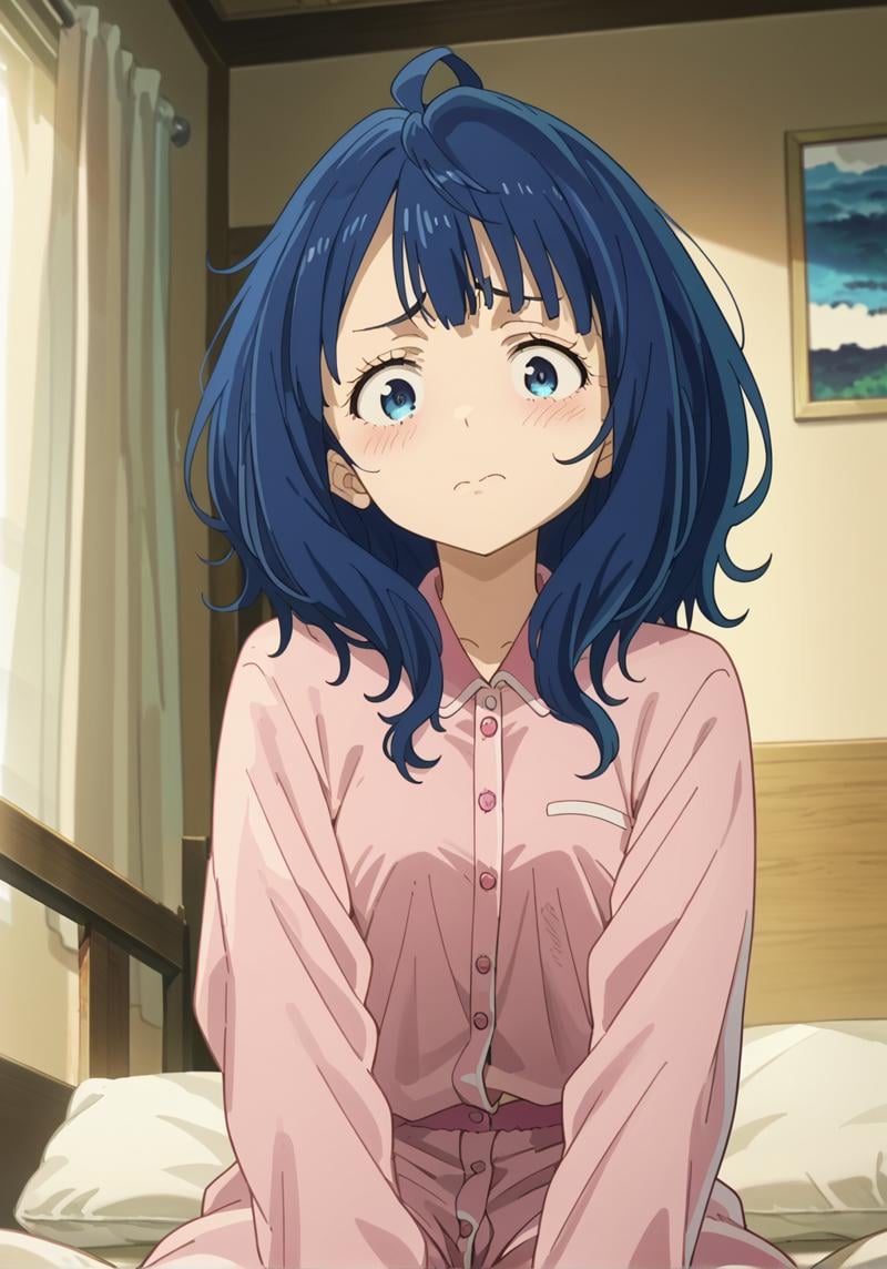 score_9, score_8_up, score_7_up,source_anime, solo, sitting, on bed, indoors, from below, pink pajamas, messy hair, looking at viewer, embarrassed, closed mouth, <lora:YanamiAnna:1>, yanamianna, medium hair, ahoge, anime screencap, anime coloring