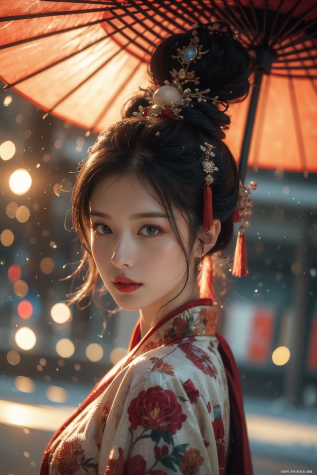 Warm Snow,1girl,solo,umbrella,oil-paper umbrella,blurry,looking at viewer,hair ornament,red lips,upper body,black hair,chinese clothes,depth of field,lips,blurry background,realistic,bokeh,makeup,lipstick,best quality,masterpiece,illustration,an extremely delicate and beautiful,CG,unity,8k wallpaper,Amazing,finely detail,masterpiece,official art,extremely detailed CG unity 8k wallpaper,incredibly absurdres,huge filesze,ultra-detailed,highres,extremely detailed,beautiful detailed girl,realistic,<lora:Warm Snow:0.8>,