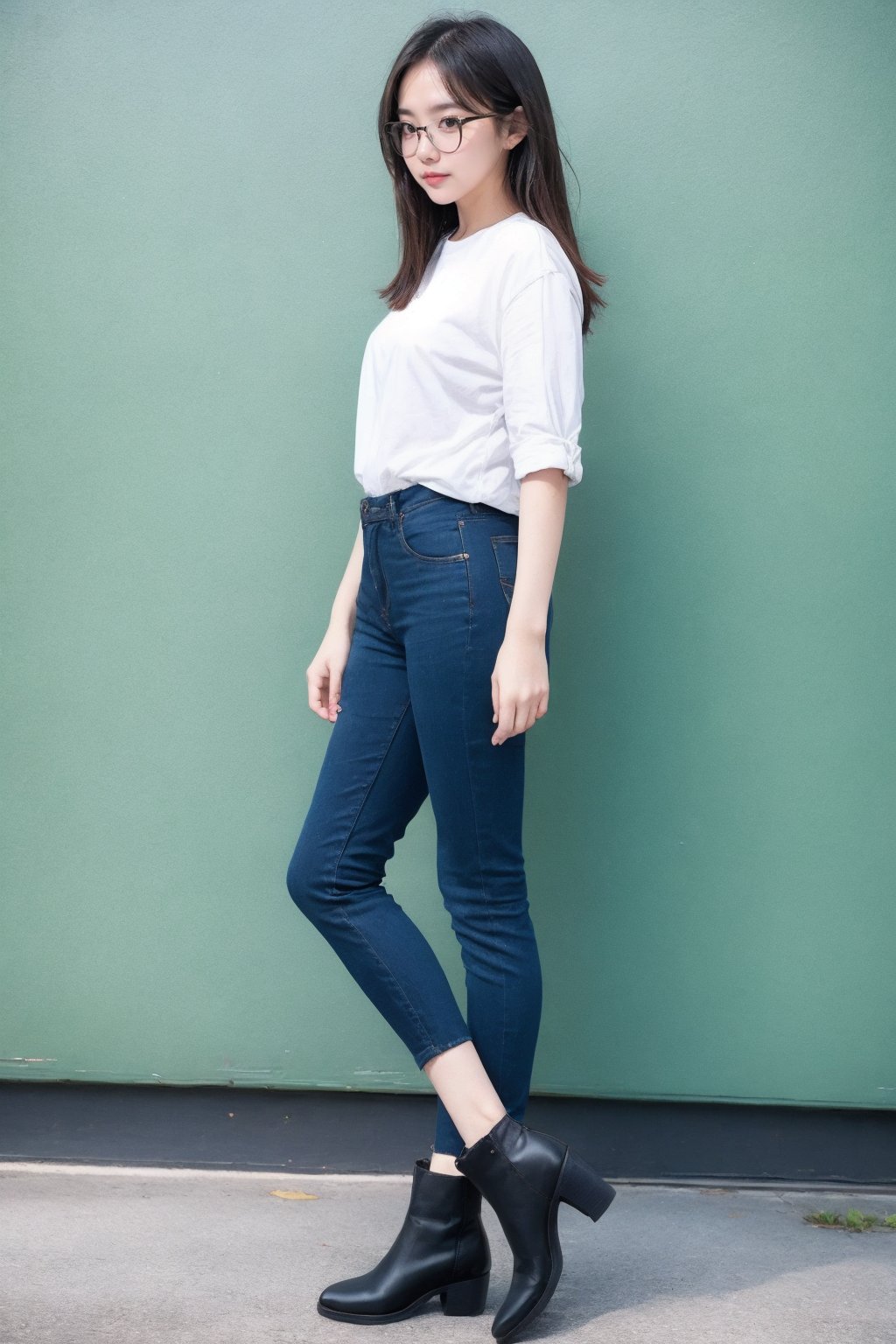 1girl, solo, white shirt, full body, glasses, (from side)