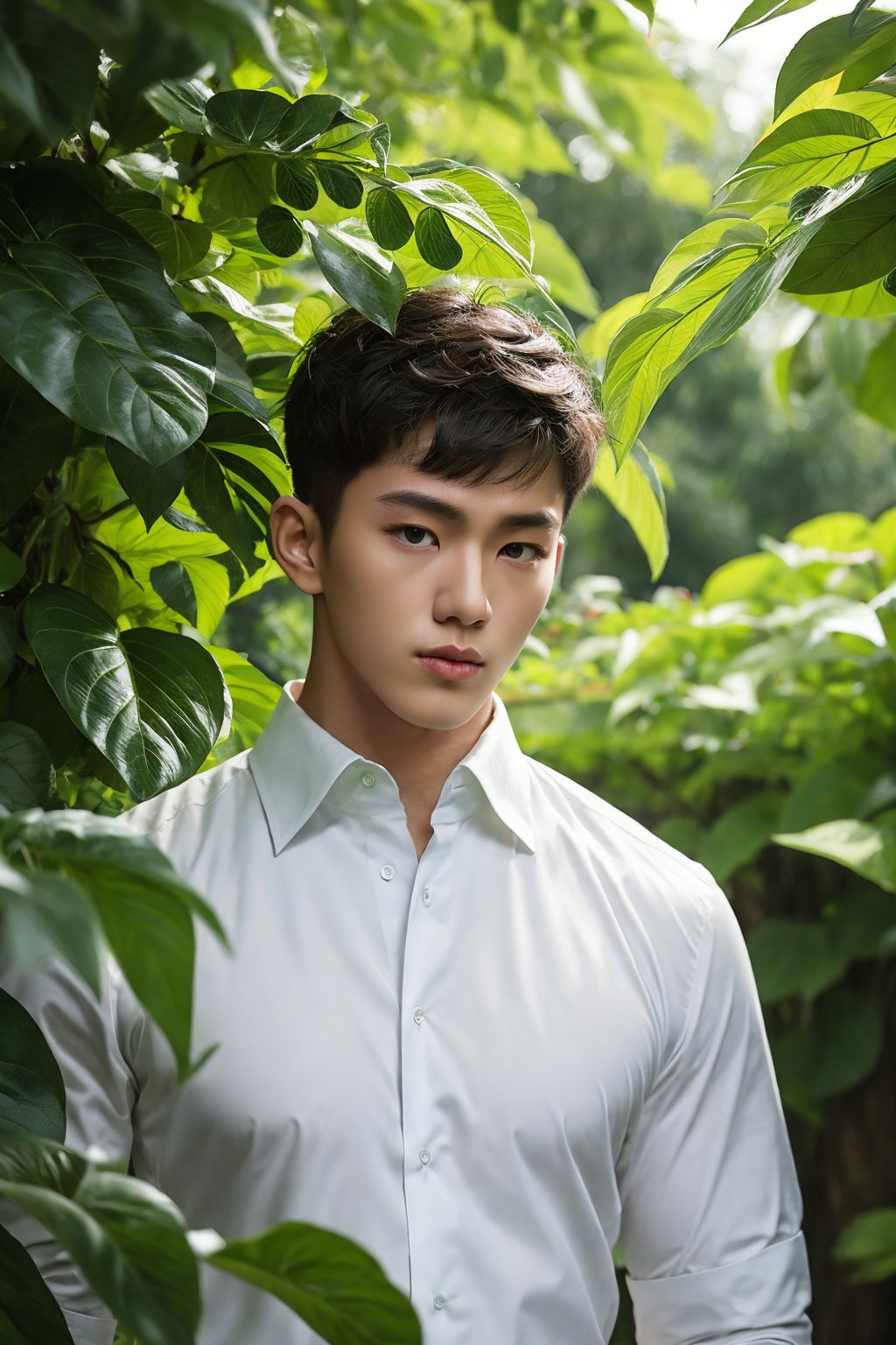 masterpiece,1 Boy,Handsome,Facing the audience,Shut up.,Muscular development,White shirt,Outdoor,Green leaves,Portrait,Front,textured skin,super detail,best quality,surreal photography,fine polished,modified,enchanted,